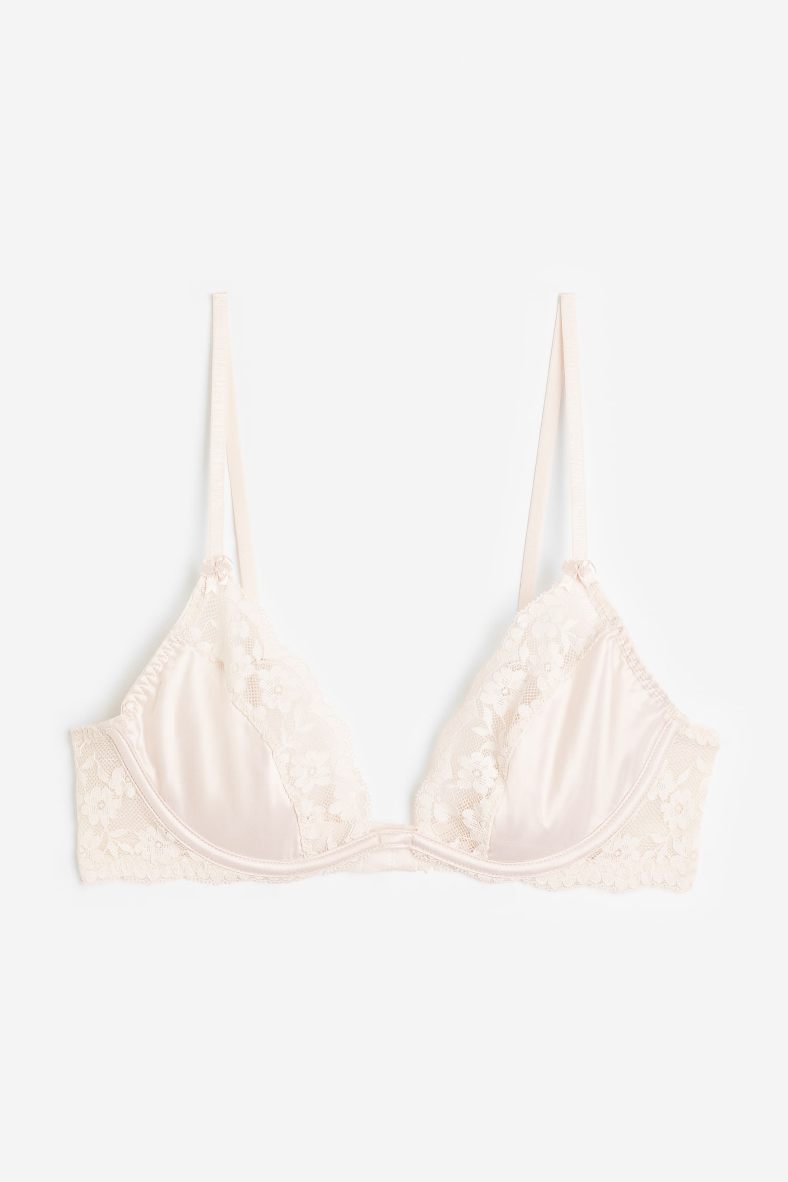 Non-padded underwired satin and lace bra - Light beige - 1