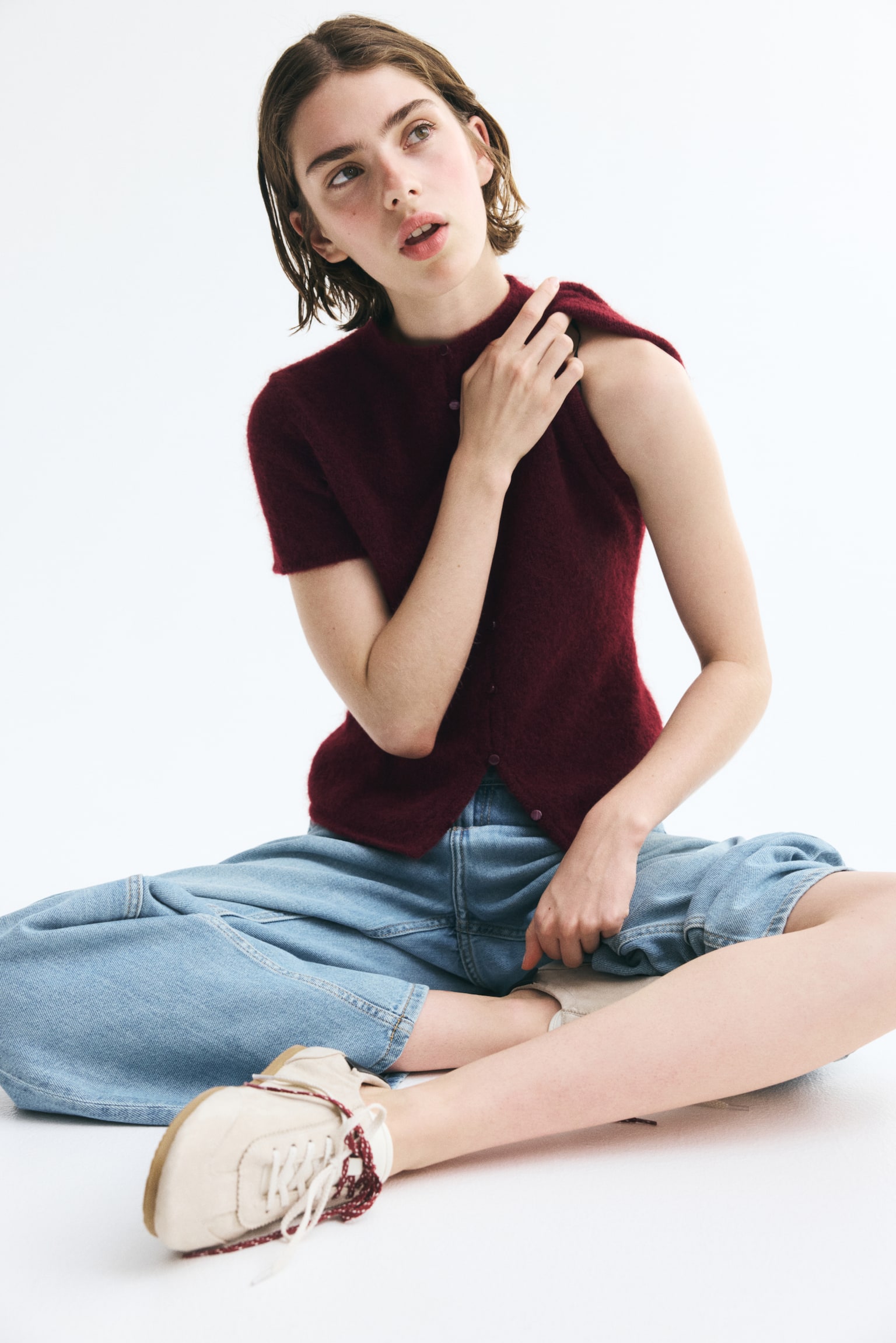 Женский кардиган H&M Short-Sleeved Fine-Knit, цвет: Бордовый — фото 3