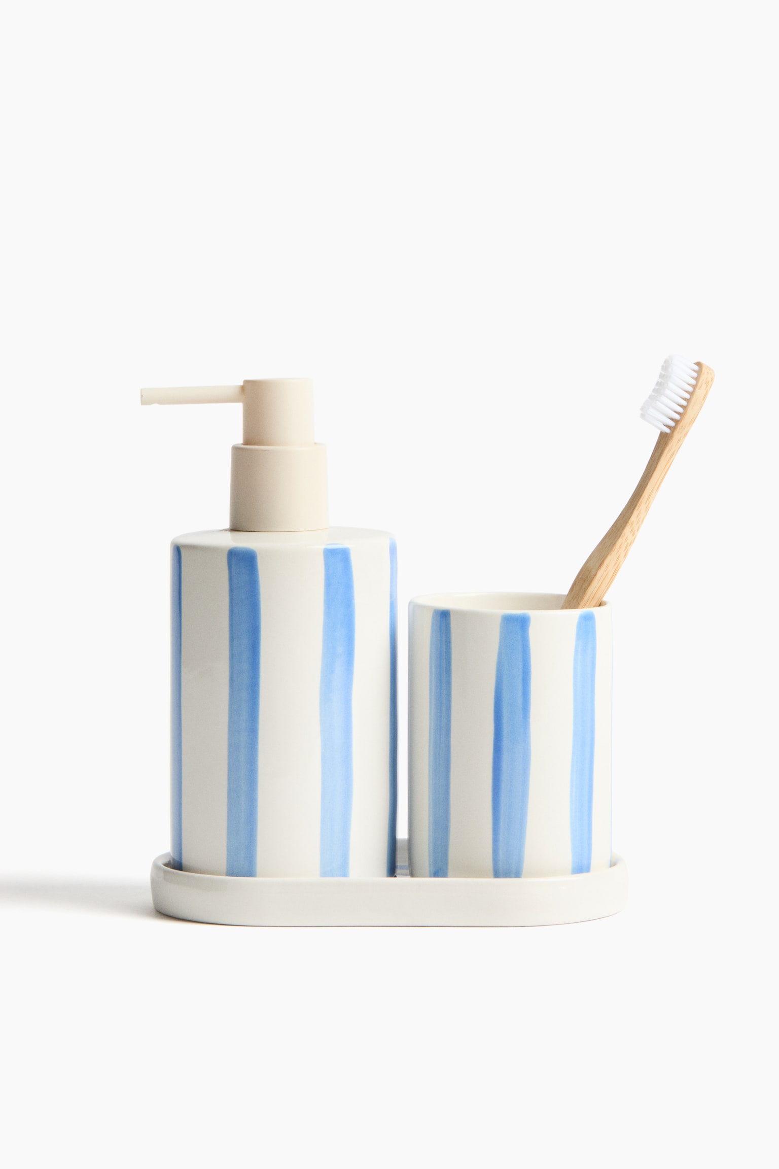 Stoneware toothbrush mug - White/Blue striped - 4