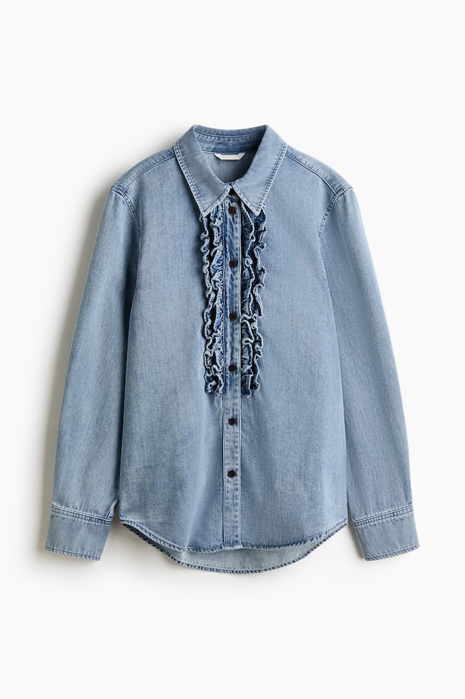 Denimbluse mit Volantbesatz - Denimblau - 1