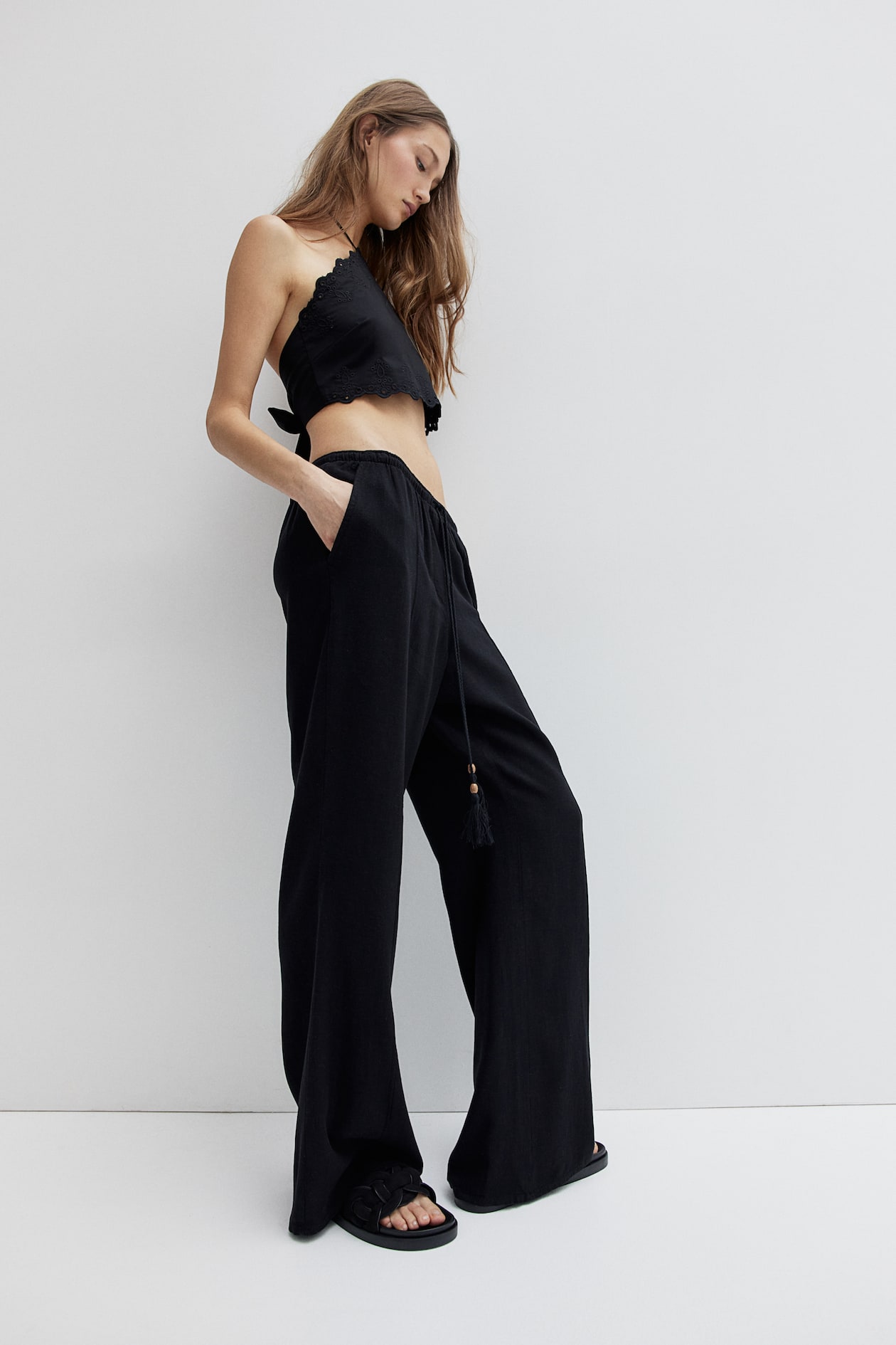 Linen-blend trousers - High waist - Long - Black - Ladies | H&M GB