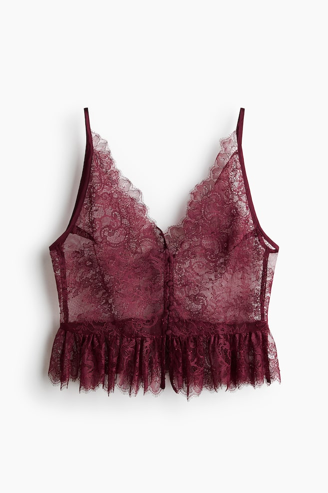 Frill-trimmed lace top - Burgundy - 1