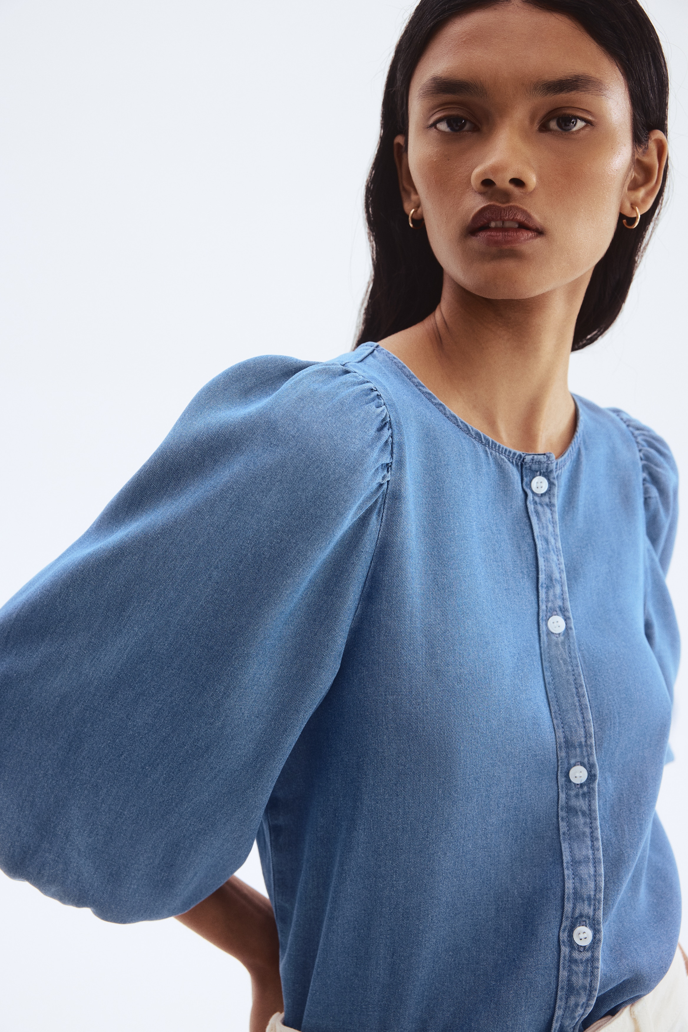 Blusa de denim con mangas globo - Azul denim