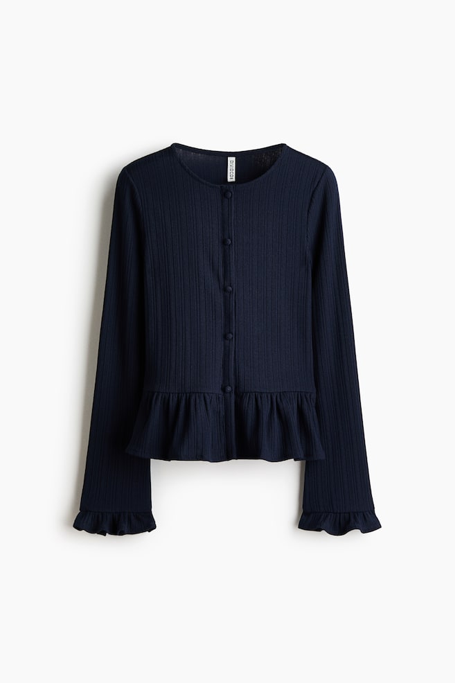 Rib-knit peplum cardigan - Navy blue/Cream - 1
