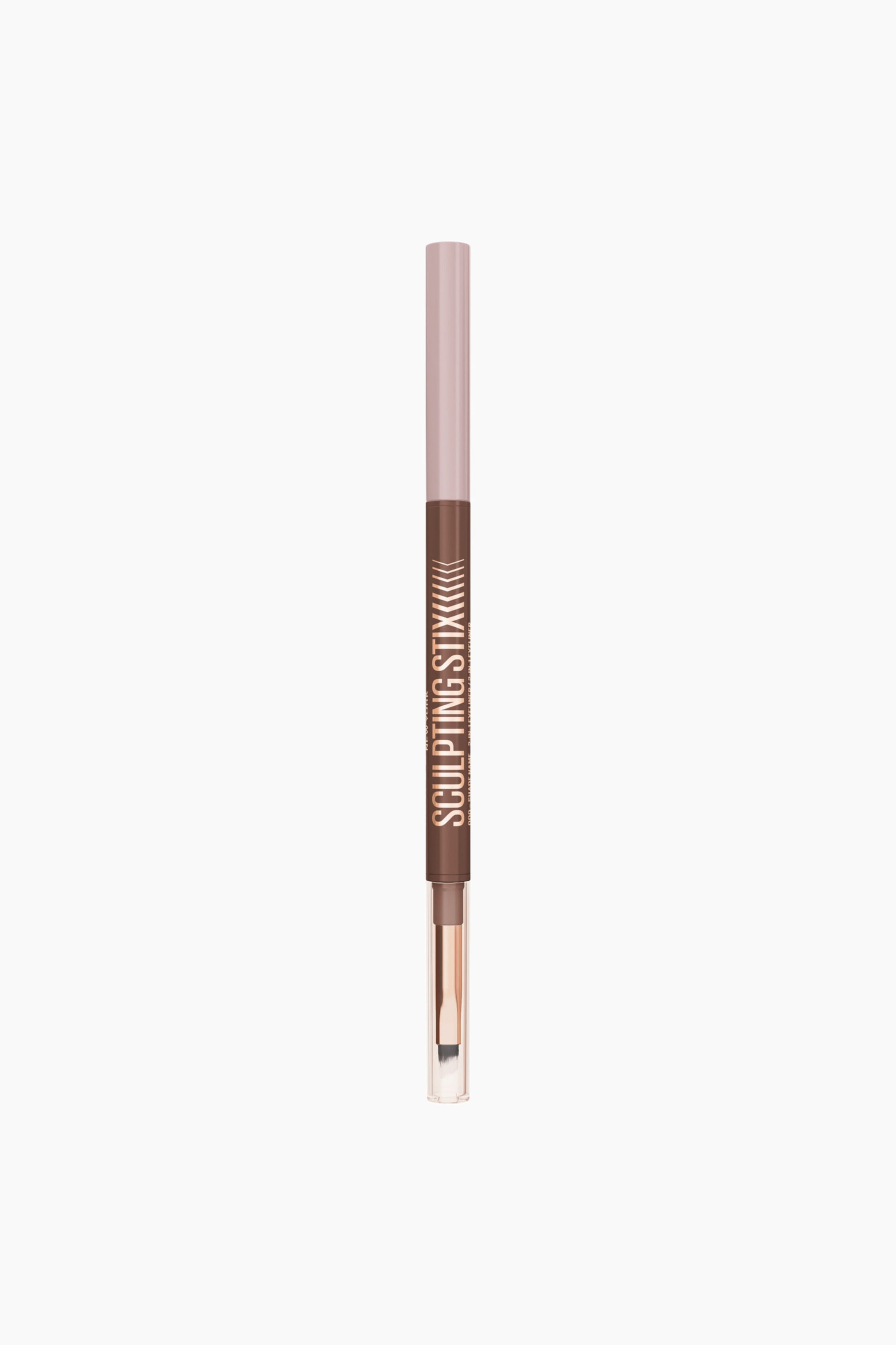 Größeres Bild ansehen: Ein zweiseitiger Sculpting-Stick steht senkrecht und ist frontal ausgerichtet. Er verfügt über einen hellrosa oberen Abschnitt und einen dunkelbraunen unteren Abschnitt, der roségoldene "SCULPTING STIX"-Schrift zeigt. An einem Ende ist ein dunkelbrauner Make-up-Stick sichtbar, am gegenüberliegenden Ende befindet sich ein Blending-Brush mit weißen Borsten unter einer transparenten Kappe.