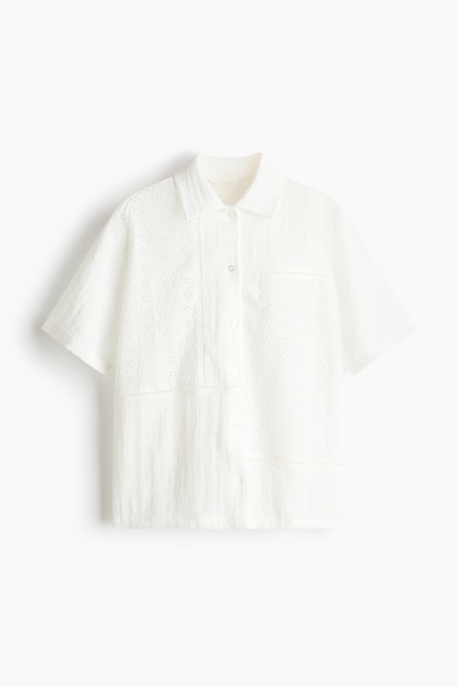 Short-sleeved broderie anglaise shirt - Ivory - 1