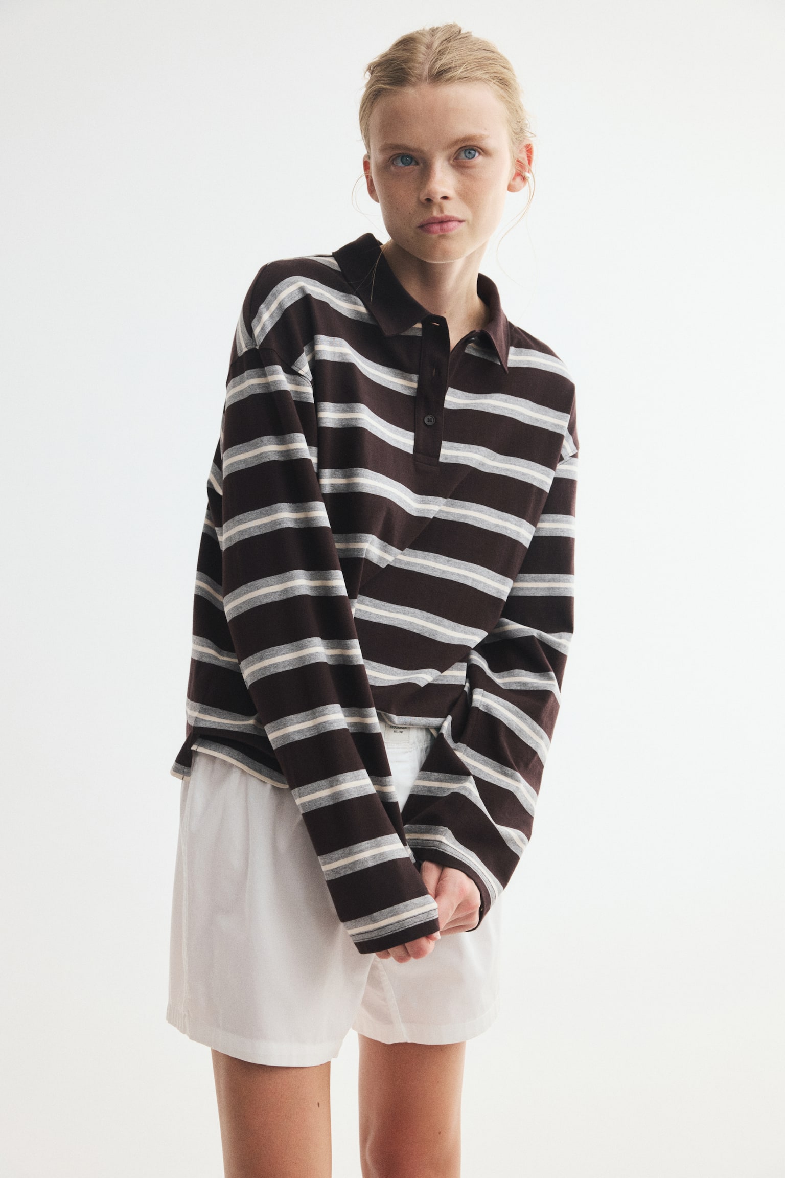 Poloshirt i bomuld - Mørkebrun/Stribet/Creme/Stribet/Lysegråmeleret/Stribet - 1