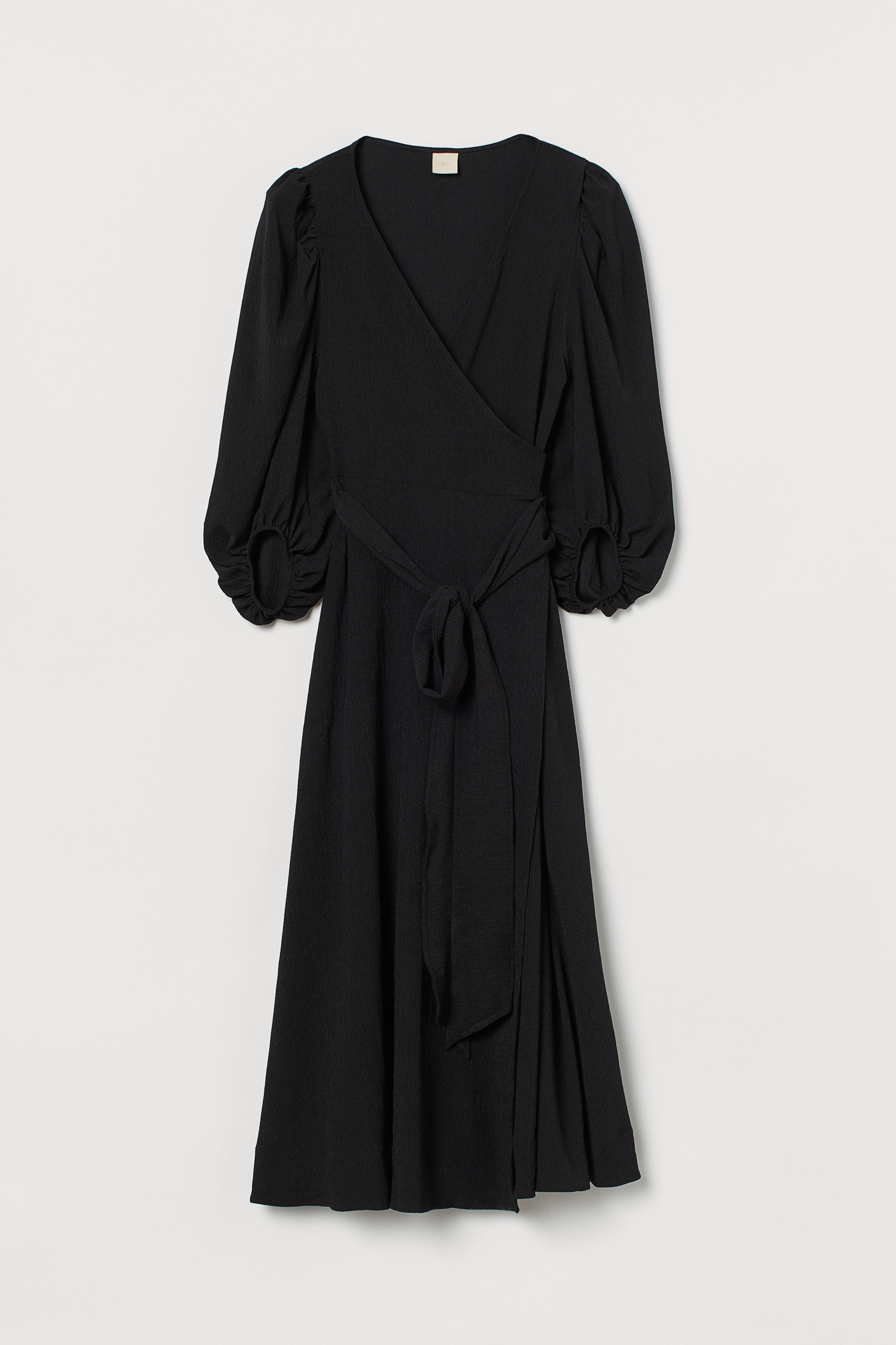 Puff-sleeved Wrap Dress - V-neck - Long sleeve - Black - Ladies | H&M US