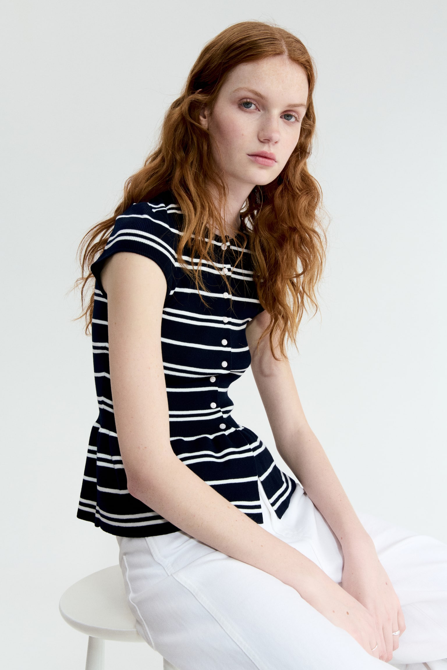 Cardigan cu mâneci scurte și peplum - Negru/dungi albe/Crem/dungi/Roșu-burgund - 3