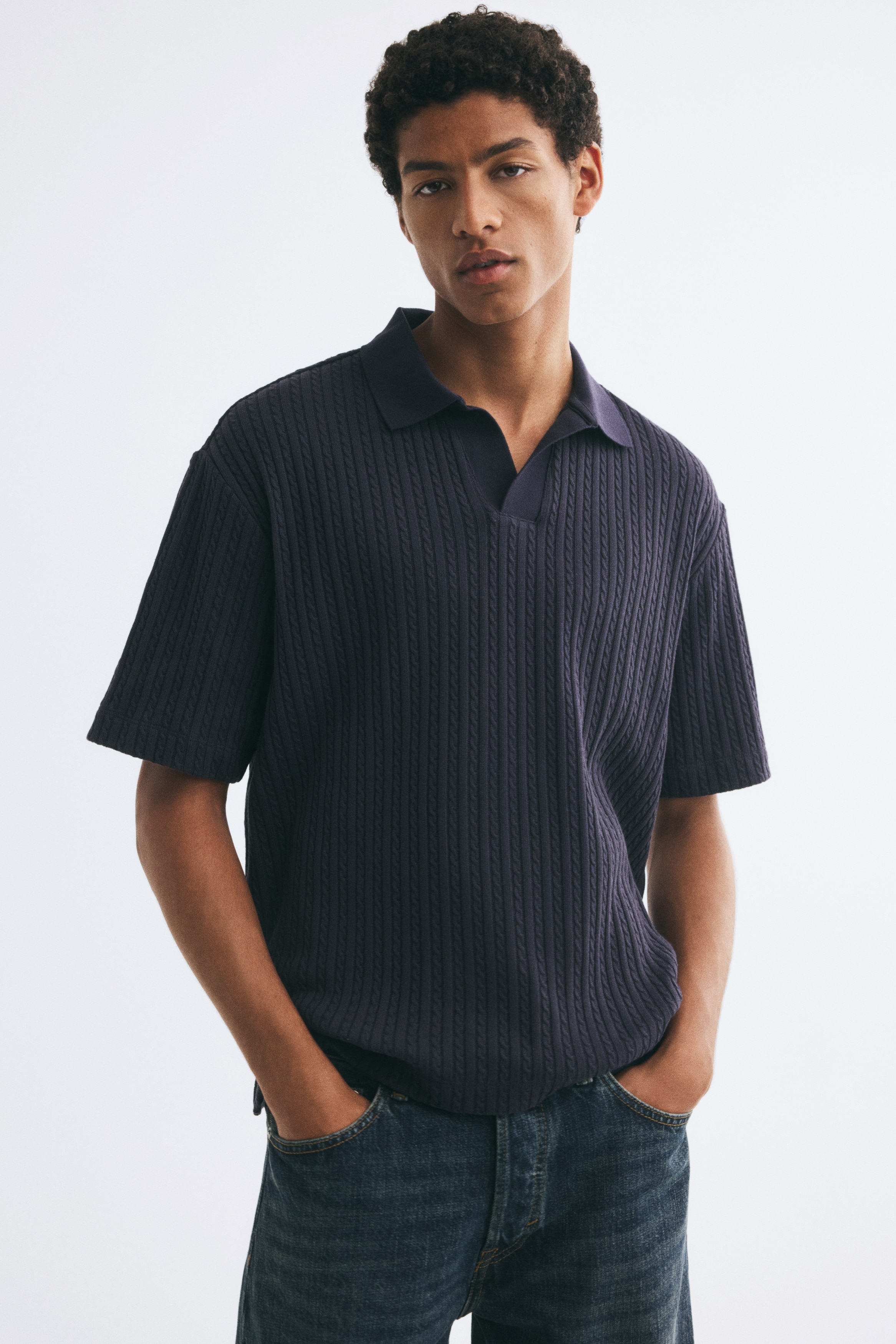 Áo polo dệt vặn thừng Relaxed Fit - Màu xanh dương đậm/Màu trắng