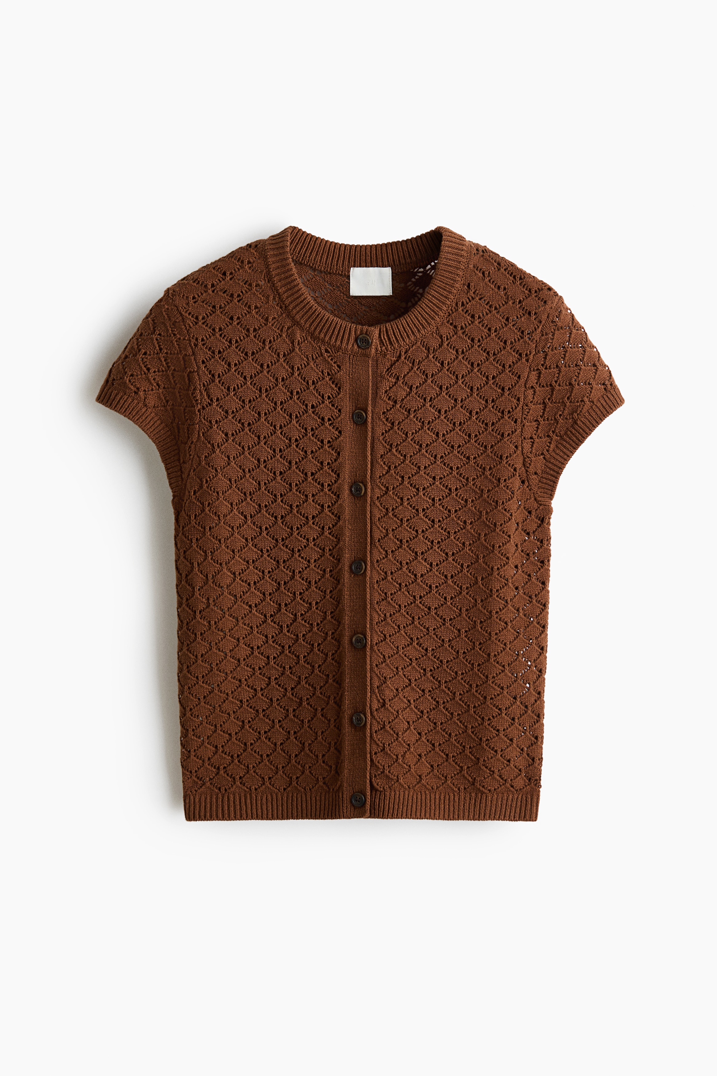 Cap-sleeved pointelle-knit cardigan - Brown/Dusty blue/Light beige