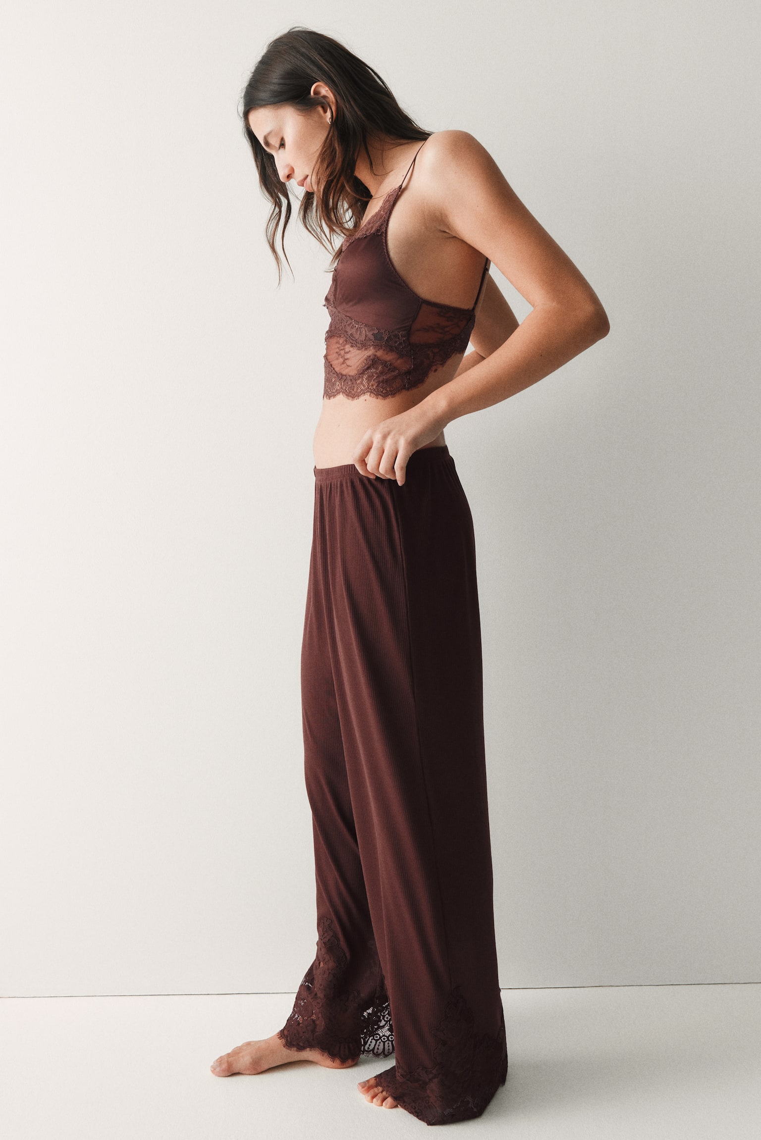 Pantaloni da pigiama con pizzo - Marrone ruggine/Nero/Bianco - 4