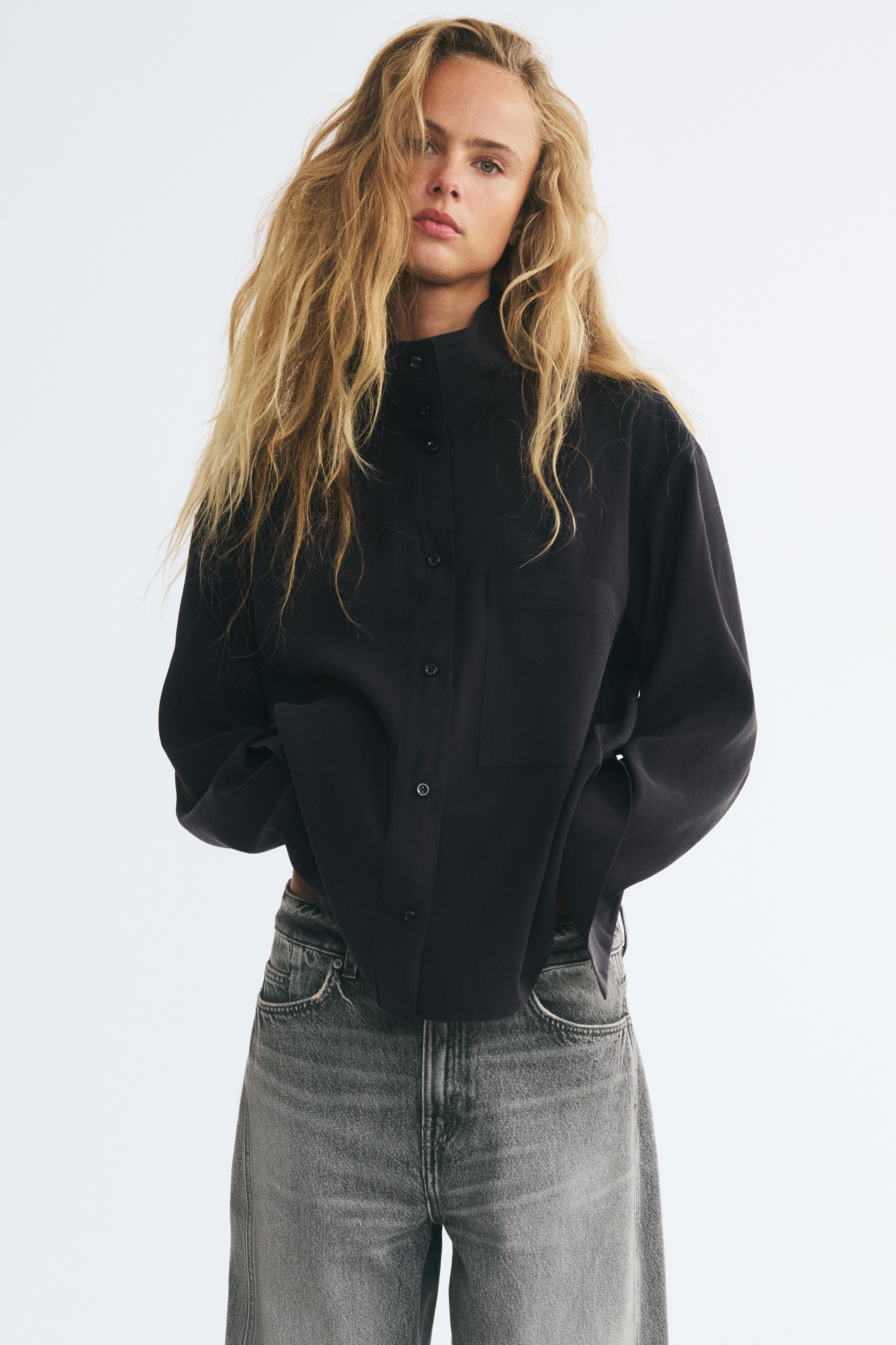 Camicia oversize con collo alto - Nero/Bianco/righe