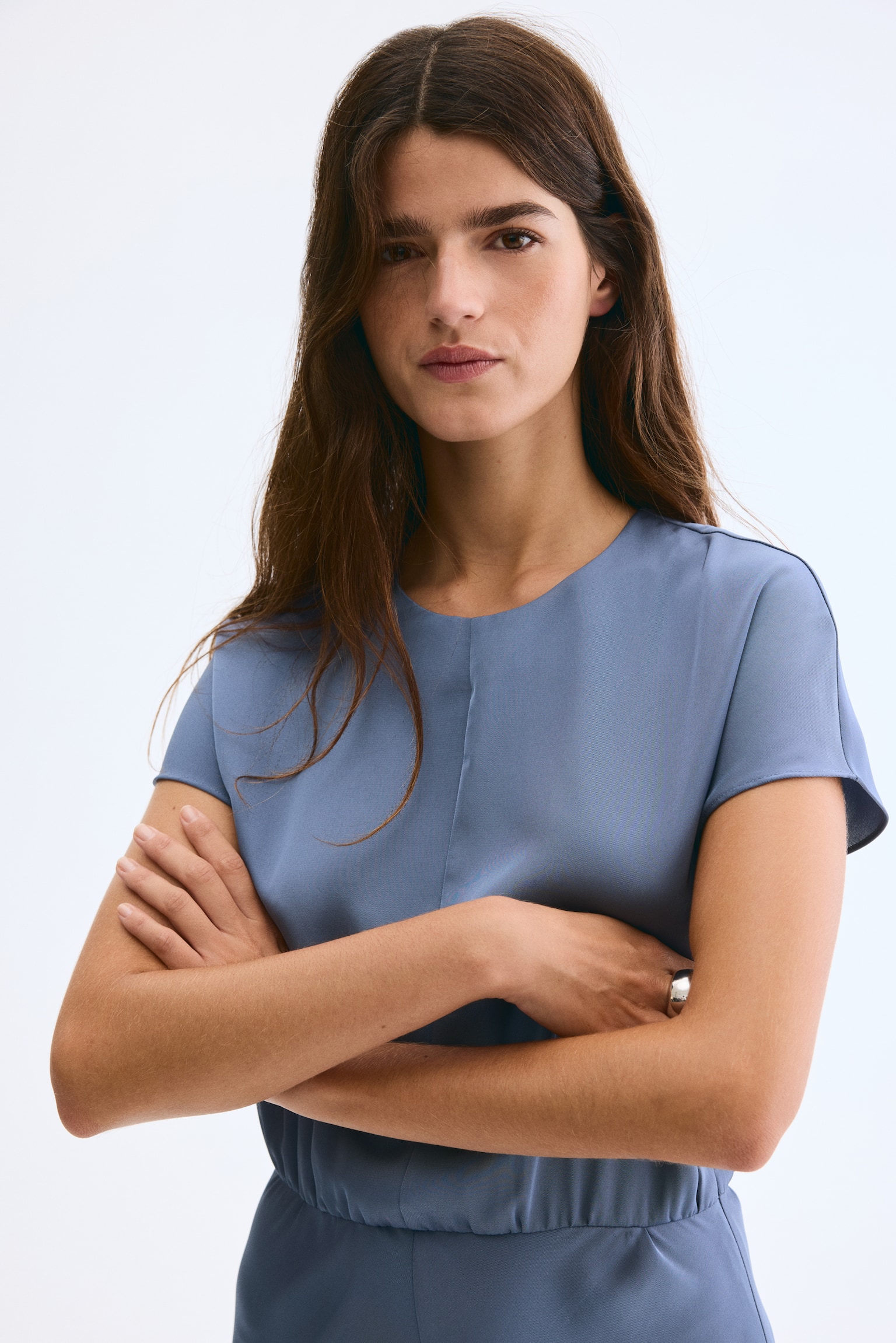 Cap-sleeved satin dress - Dusty blue/Black/Patterned - 6