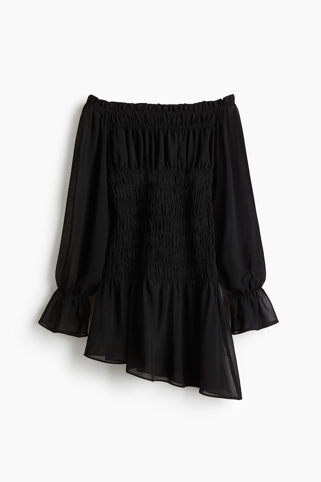 Smocked off-the-shoulder dress - Black - 1