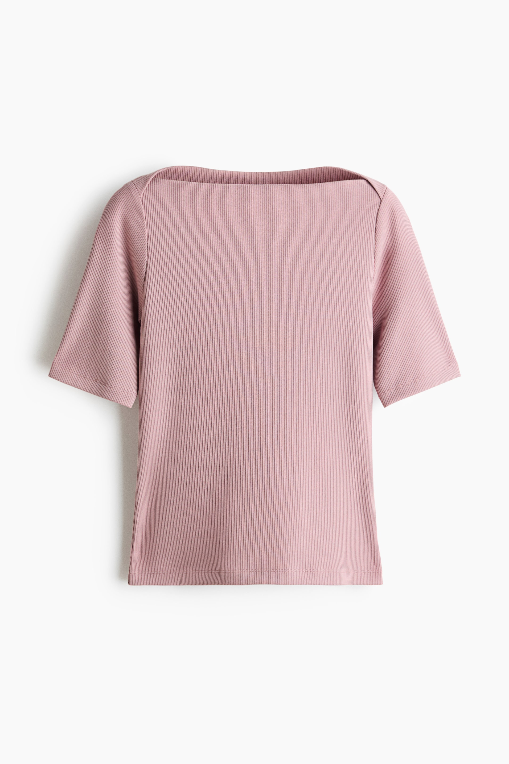 View larger image: A pink ribbed knit top is shown from the front, featuring a boat neck, short sleeves, and a straight hem.