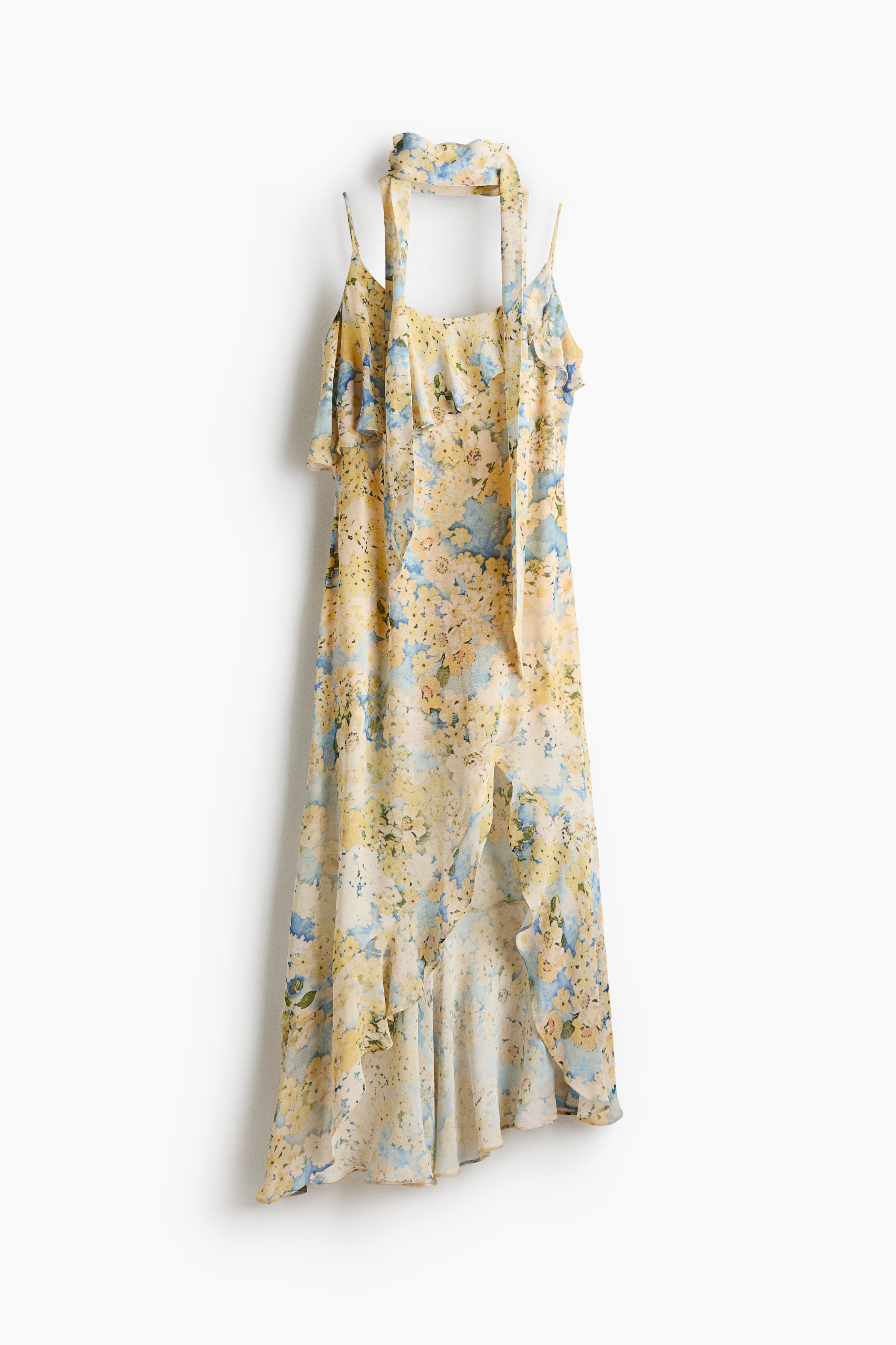 Flounced chiffon dress with scarf - Light yellow/Floral