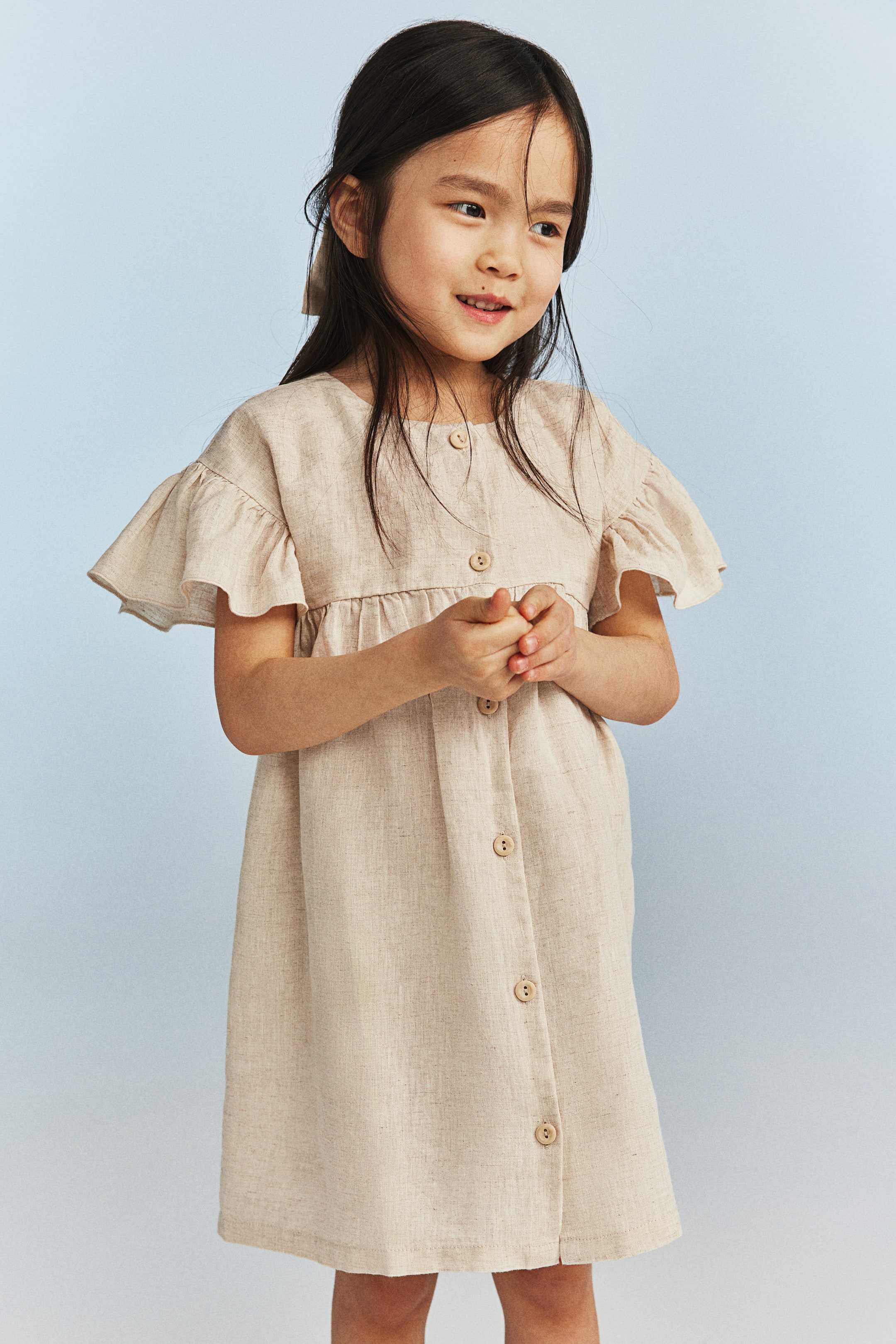 Flutter-sleeved Linen Dress