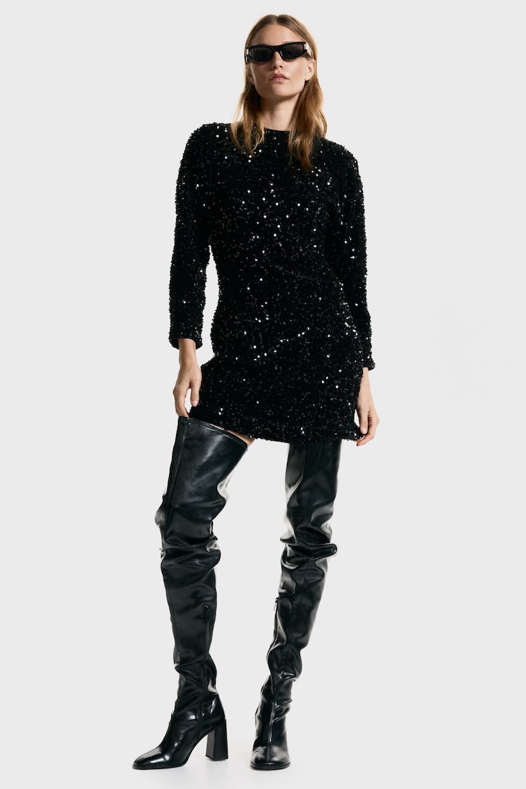 black knee length sequin dress Ever-Pretty Sequin Bodycon Knee-Length Summer Formal Wedding Guest Dress with V-Neck & Cap Sleeves main image 1