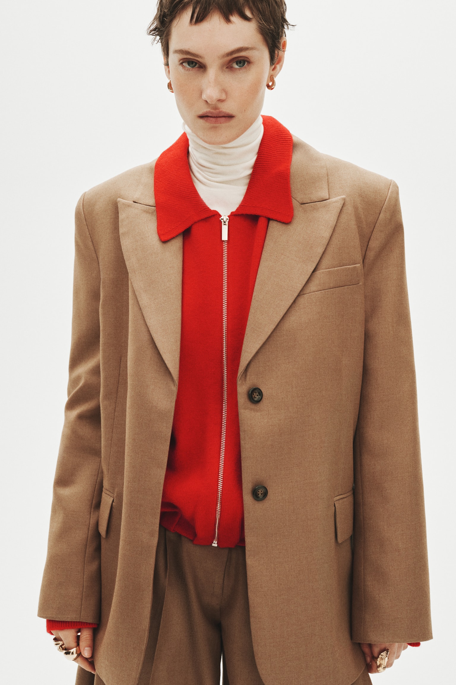 Kardigan oversize z suwakiem - Czerwony/Ciemnobeżowy - 7