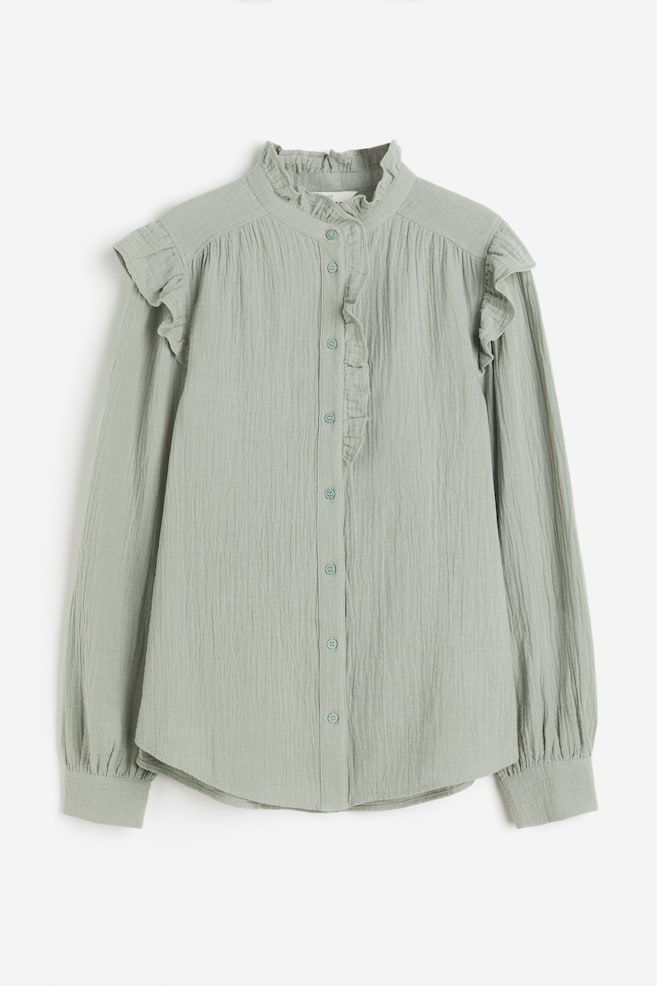 Frill-trimmed muslin blouse - Sage green/White - 2