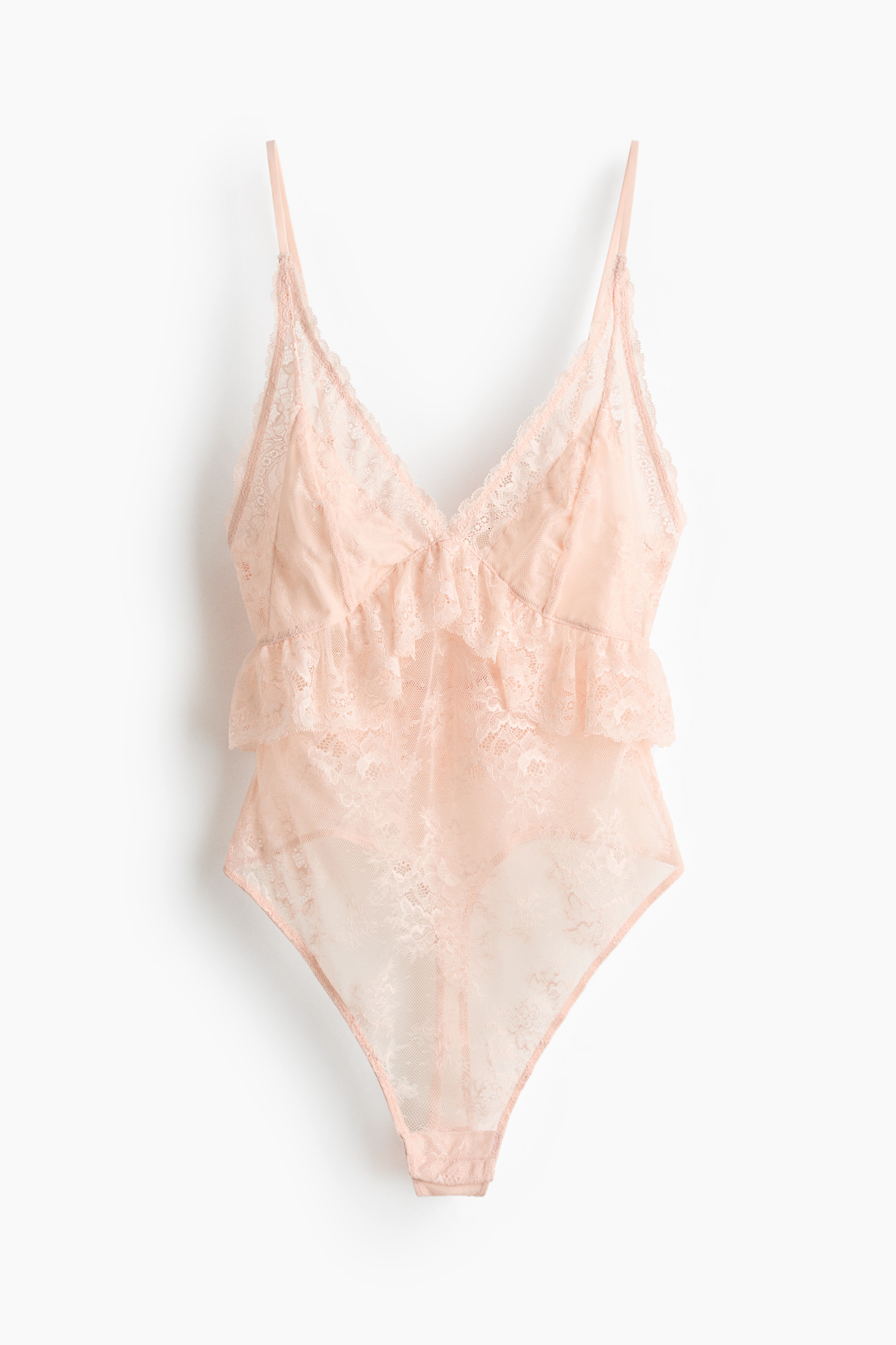 Krajkové body thong s volánkem - Světlá broskvově růžová