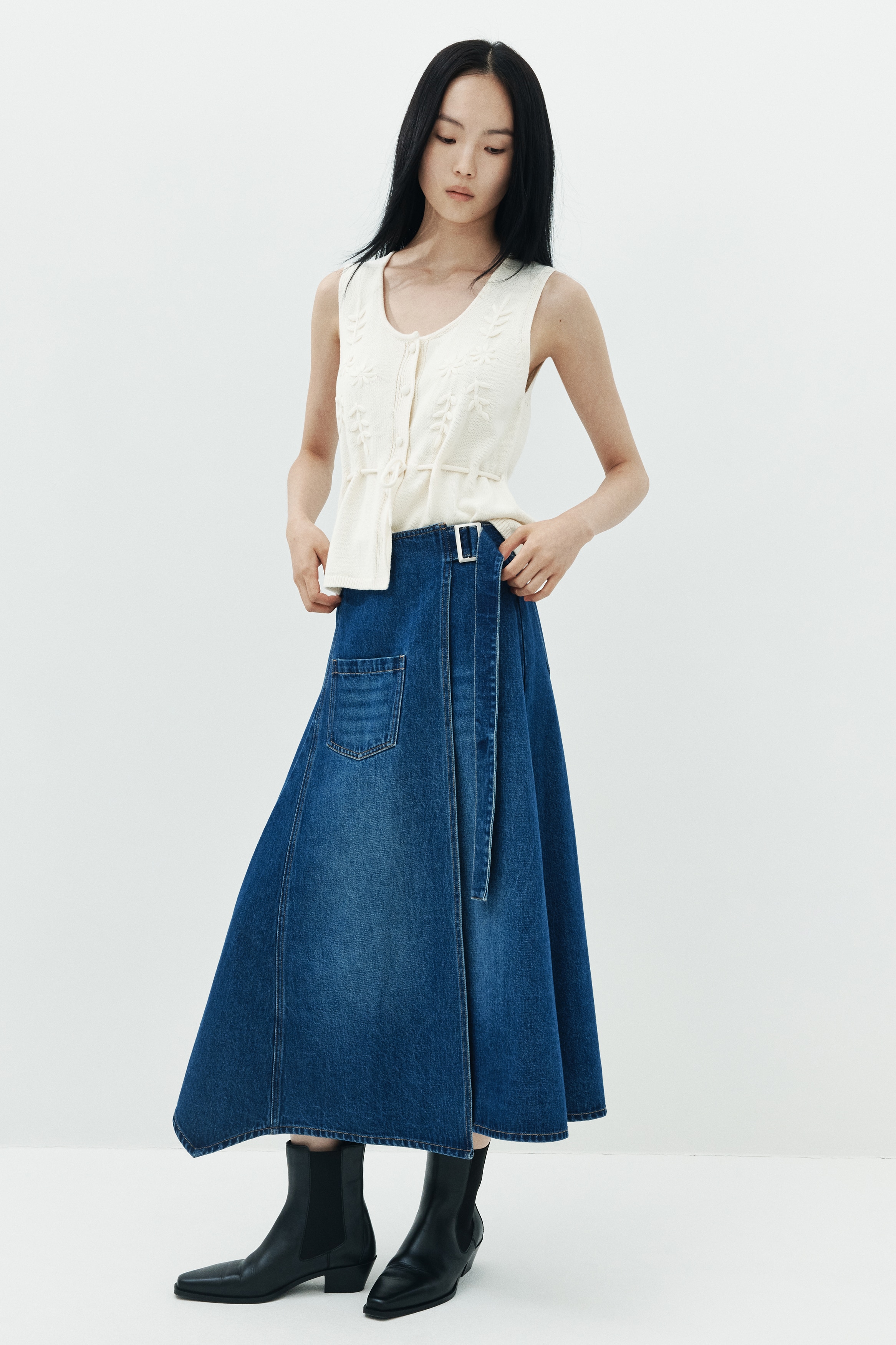 ベルトディテールデニムスカート - デニムブルー - レディース | H&M JP