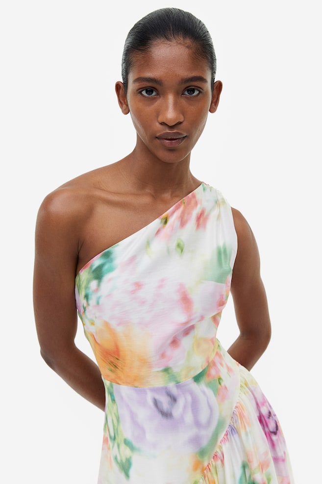Lyocell-blend one-shoulder dress - Cream/Floral/White/Black striped - 3