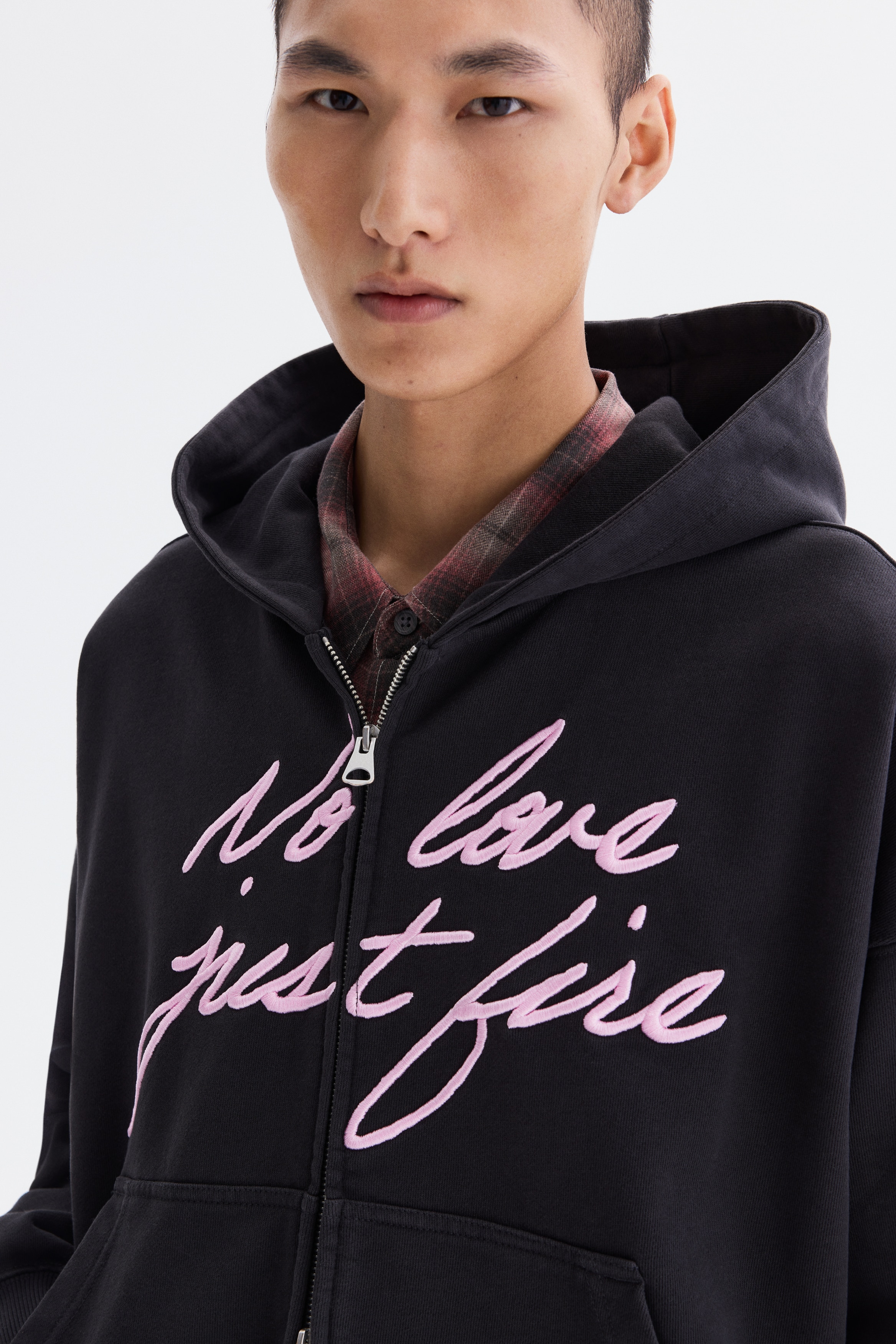 Men's Black/No Love Just Fire Oversized Hooded Jacket | H&M CA