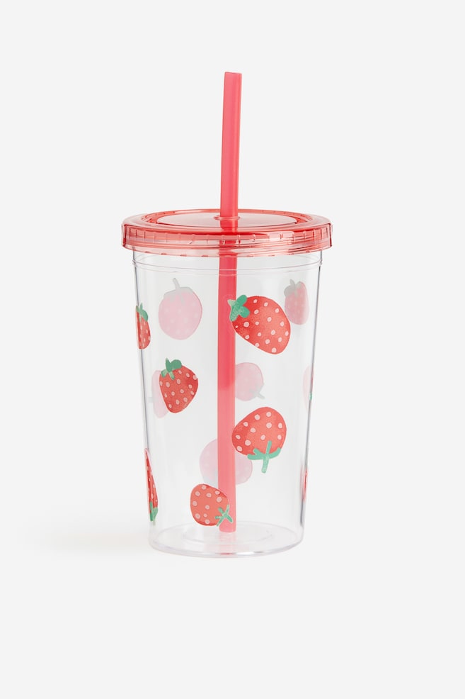 Patterned plastic mug with a straw - Red/Strawberries/Light green/Dinosaurs/Yellow/Lemons - 1