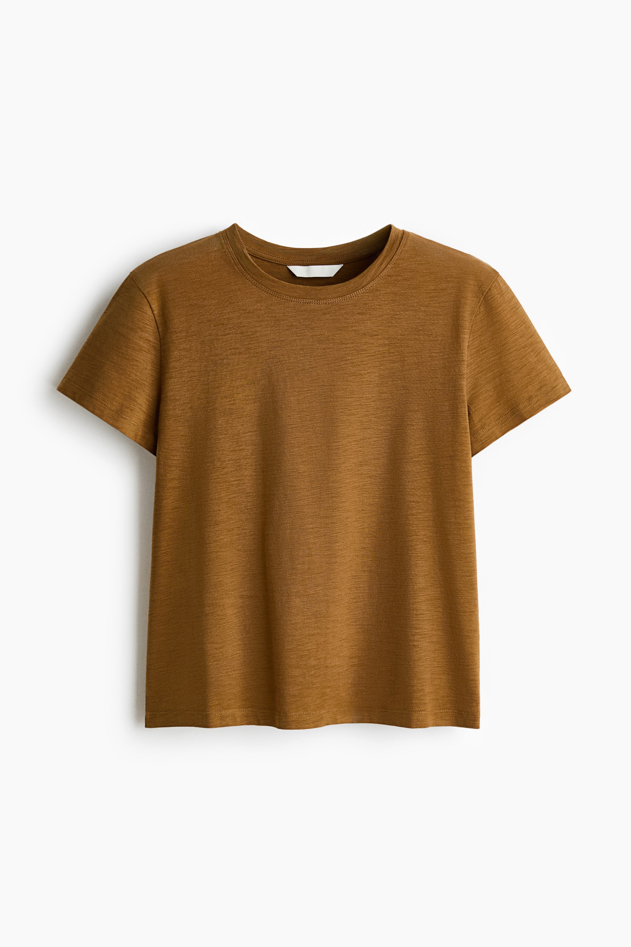 View larger image: A brown t-shirt is shown from the front, showcasing a crew neck, short sleeves, and a subtle heathered texture.