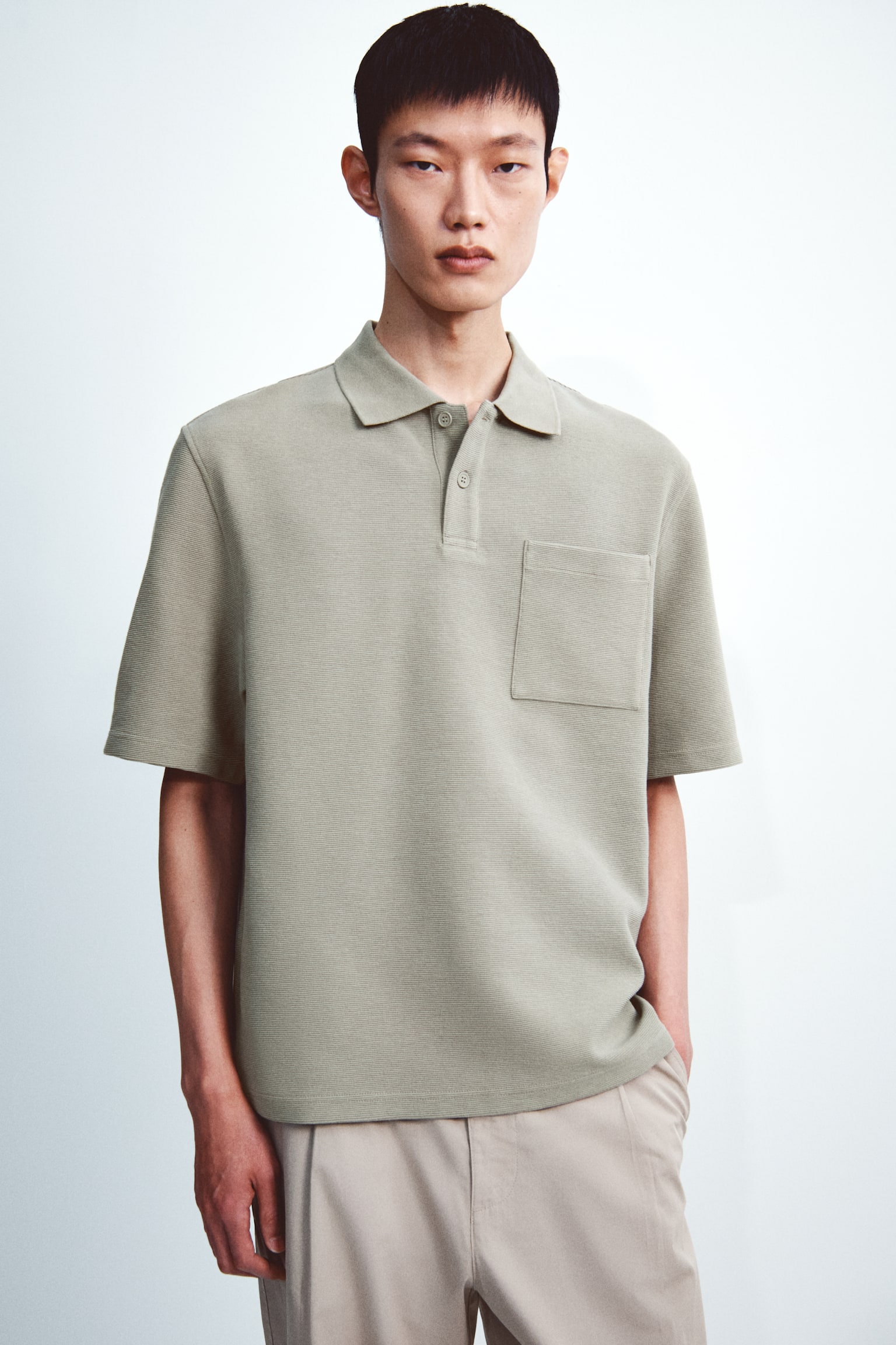 Loose-Fit Polo Shirt - Light khaki green/Black/Cream - 2
