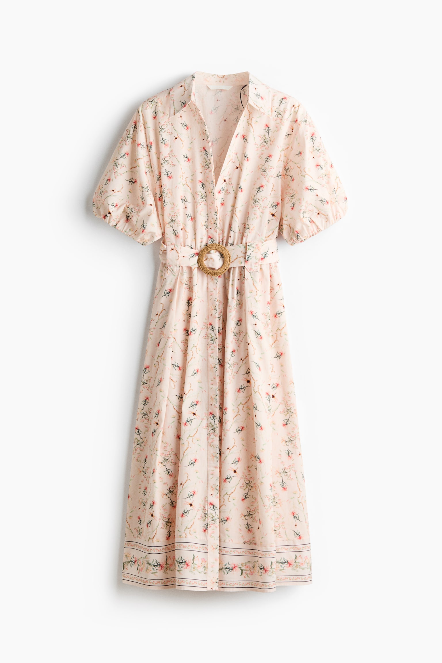 Cotton Shirt Dress with Belt - Pale pink/floral/Red/Light beige/floral - 1