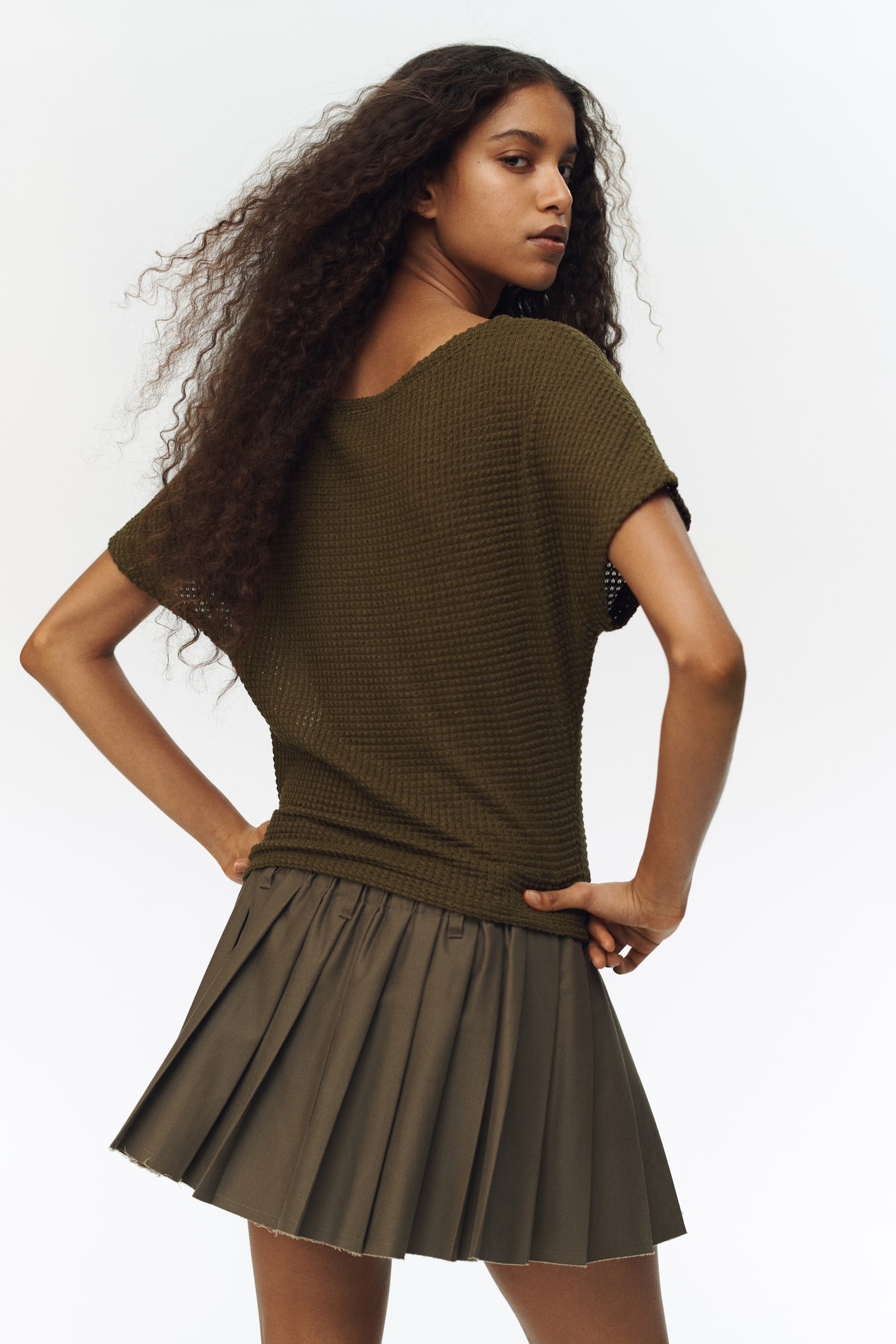 蝙蝠袖平紋上衣 - 深橄欖綠/黑色/白色 - 2