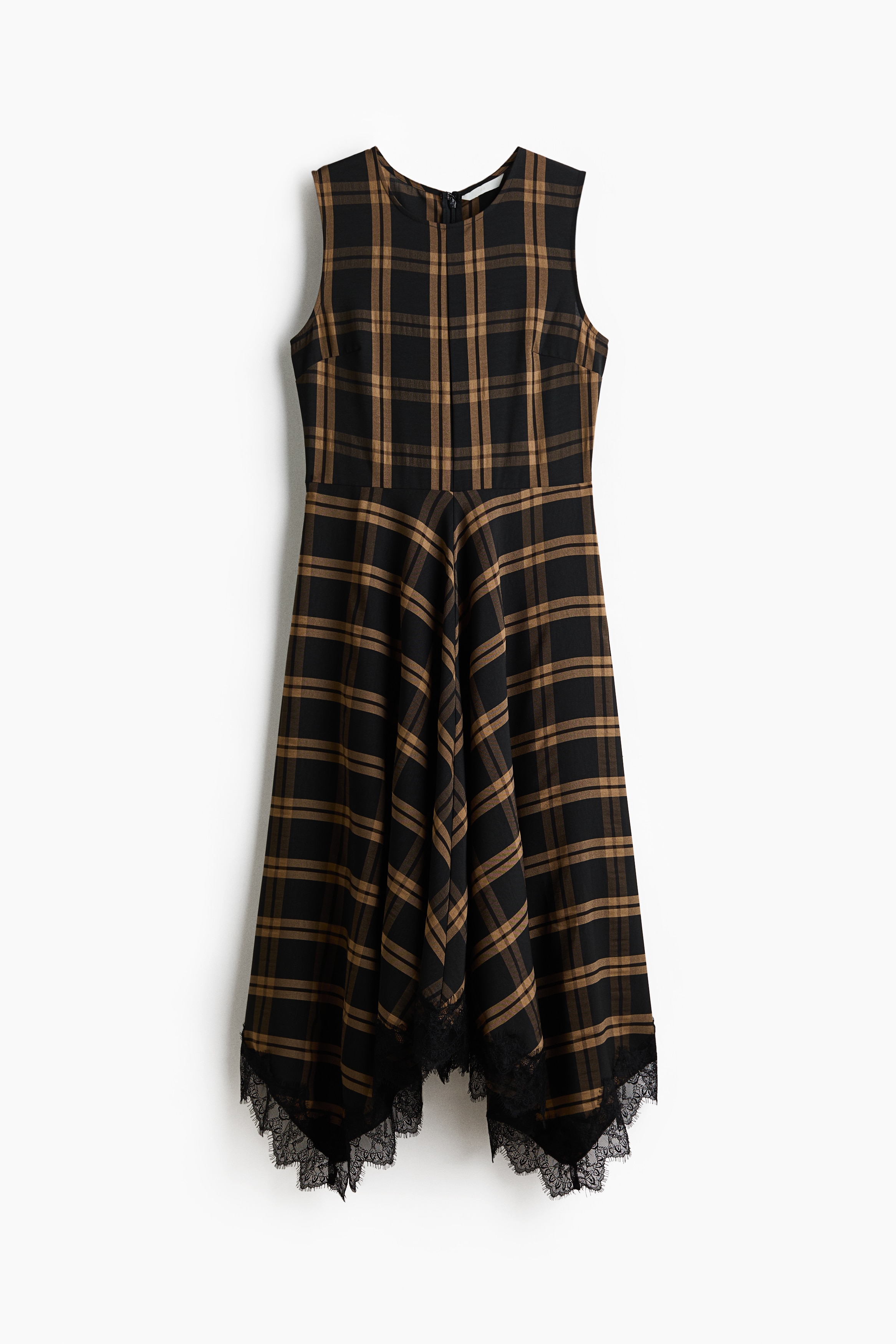 Vestido tipo pañuelo con borde de encaje - Café oscuro/Cuadros