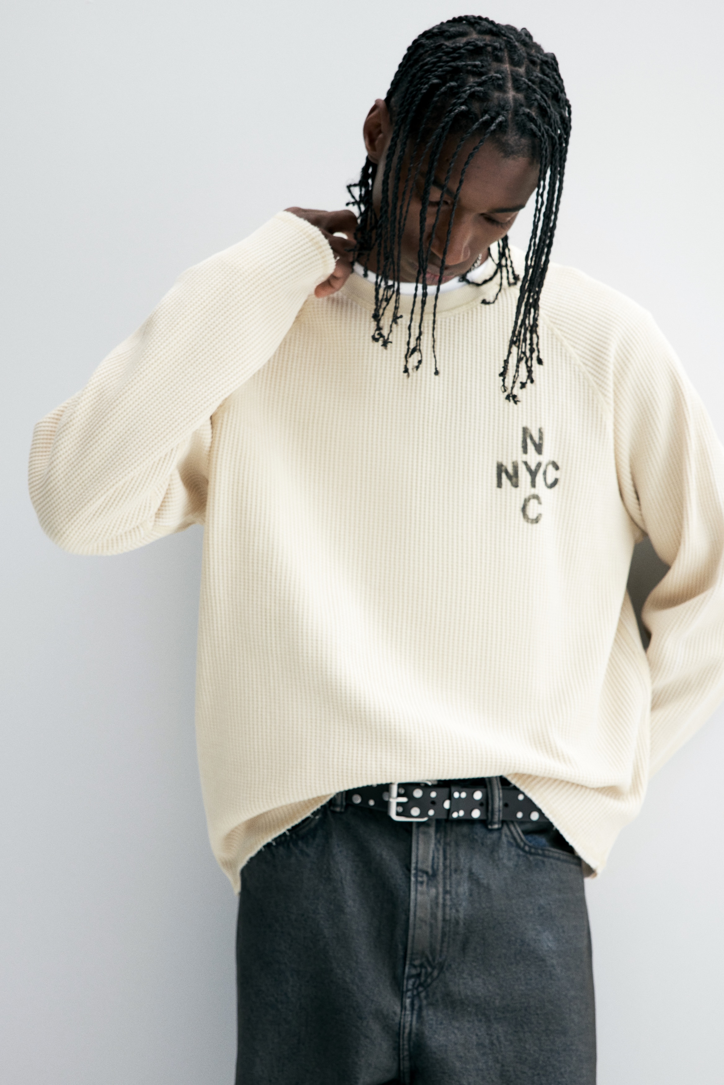 Regular Fit Waffled long-sleeved top - Light beige/NYC - Men