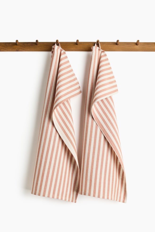 2-pack linen-blend tea towels - Terracotta/Striped/Olive green/Beige striped/Brown/Gingham check/Yellow/Gingham check/Light pink/Striped/Dark brown/Striped/Beige/Gingham check/Beige/White striped - 1