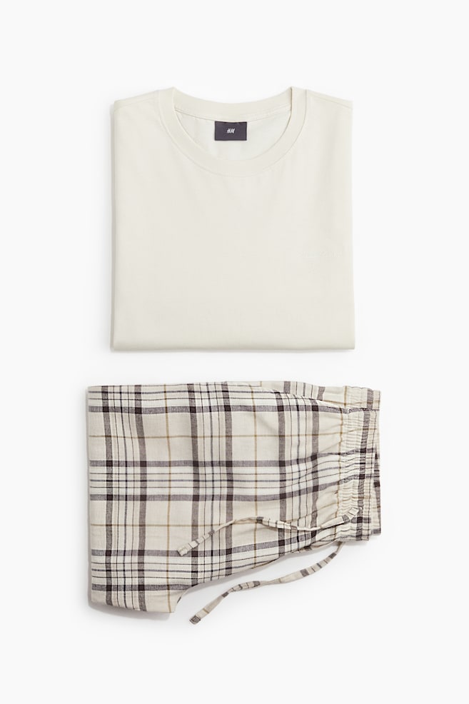 Pigiama in cotone con maglia e pantaloni - Bianco/quadri - 1