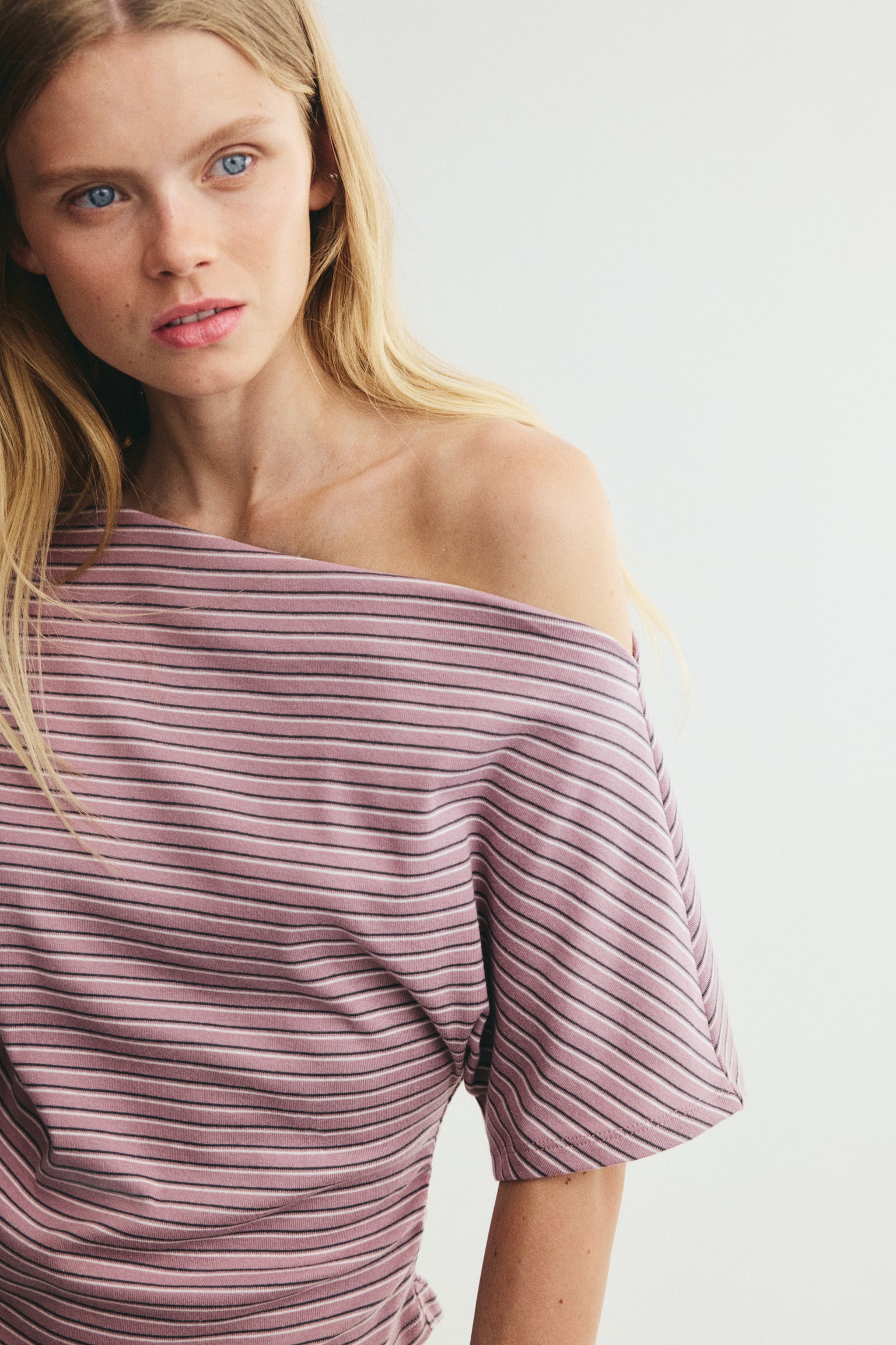 One-shoulder cotton top - Dusty purple/Striped/White/Striped - 1