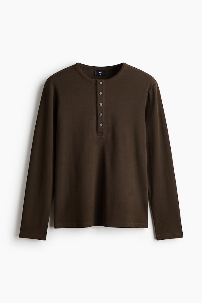 Slim-Fit Ribbed Henley Shirt - Dark khaki green/Cream - 1