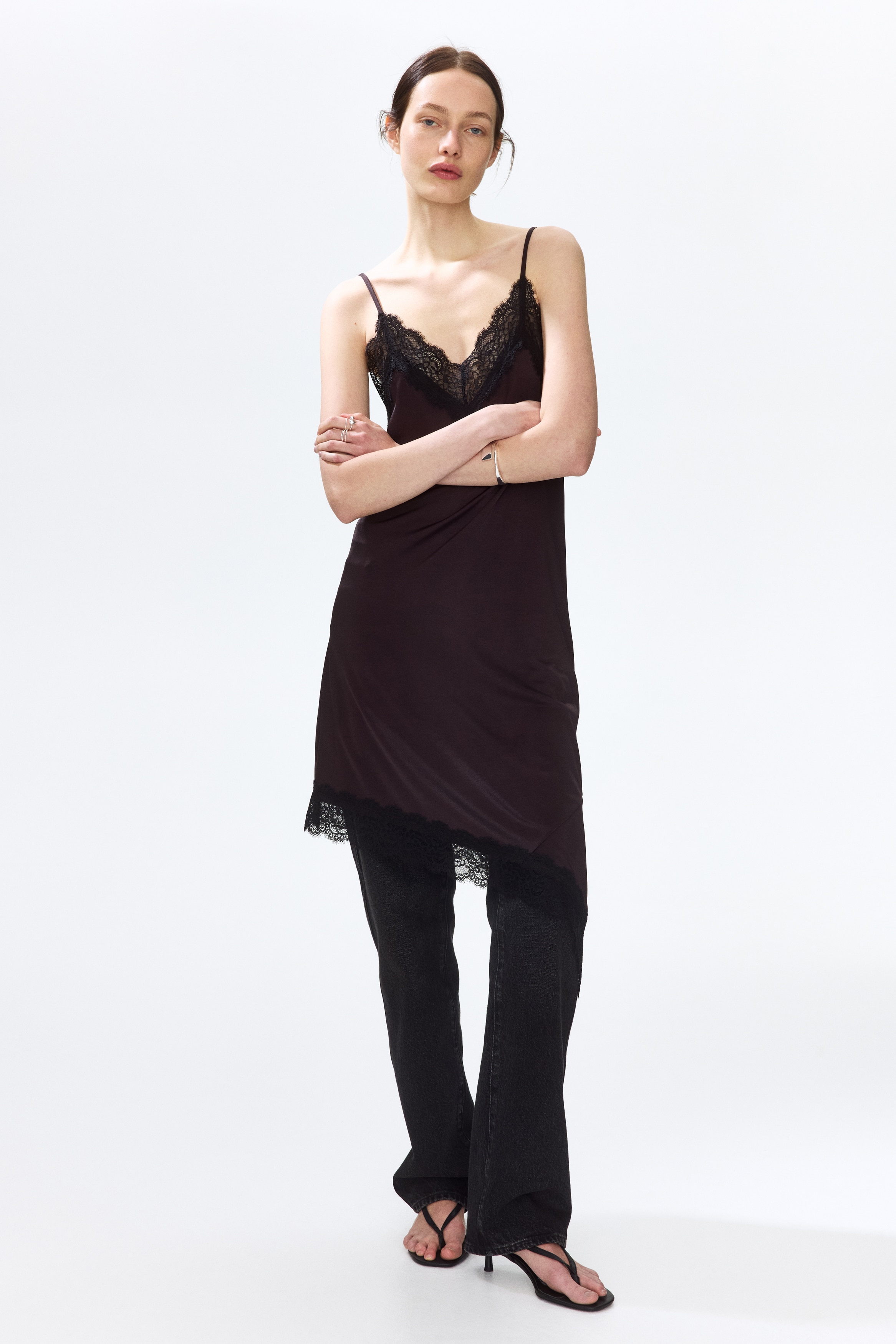 Ladies - Dark Brown/Black Lace-Trimmed Slip Dress - Size: L - H&M Ladies - Dark Brown/Black Lace-Trimmed Slip Dress - Size: L - H&M
