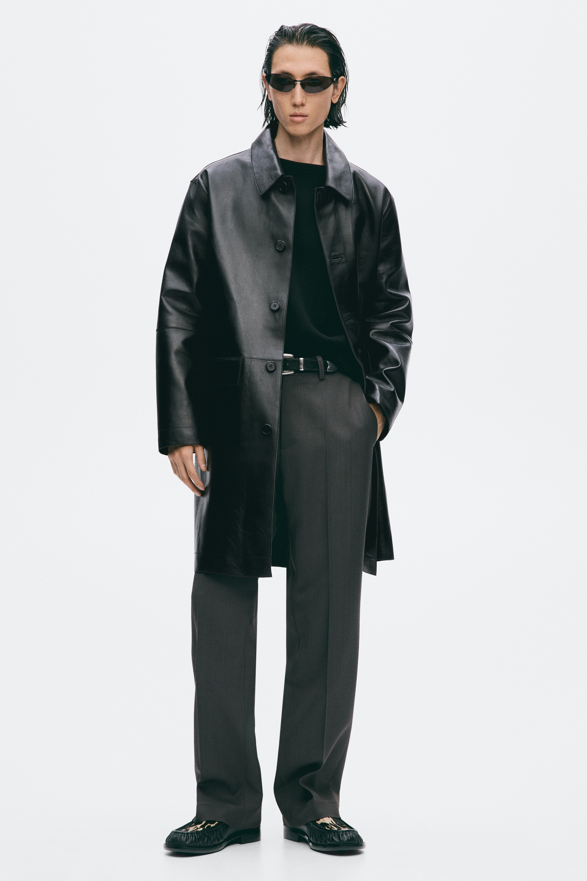 Long Leather Coat - Black