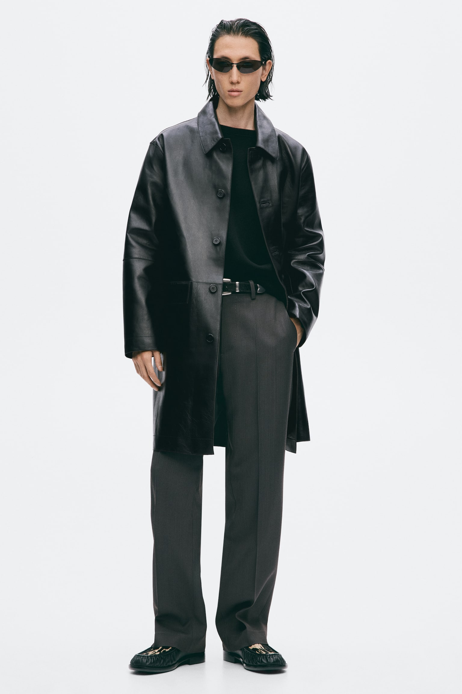 Long leather coat - Black - 1