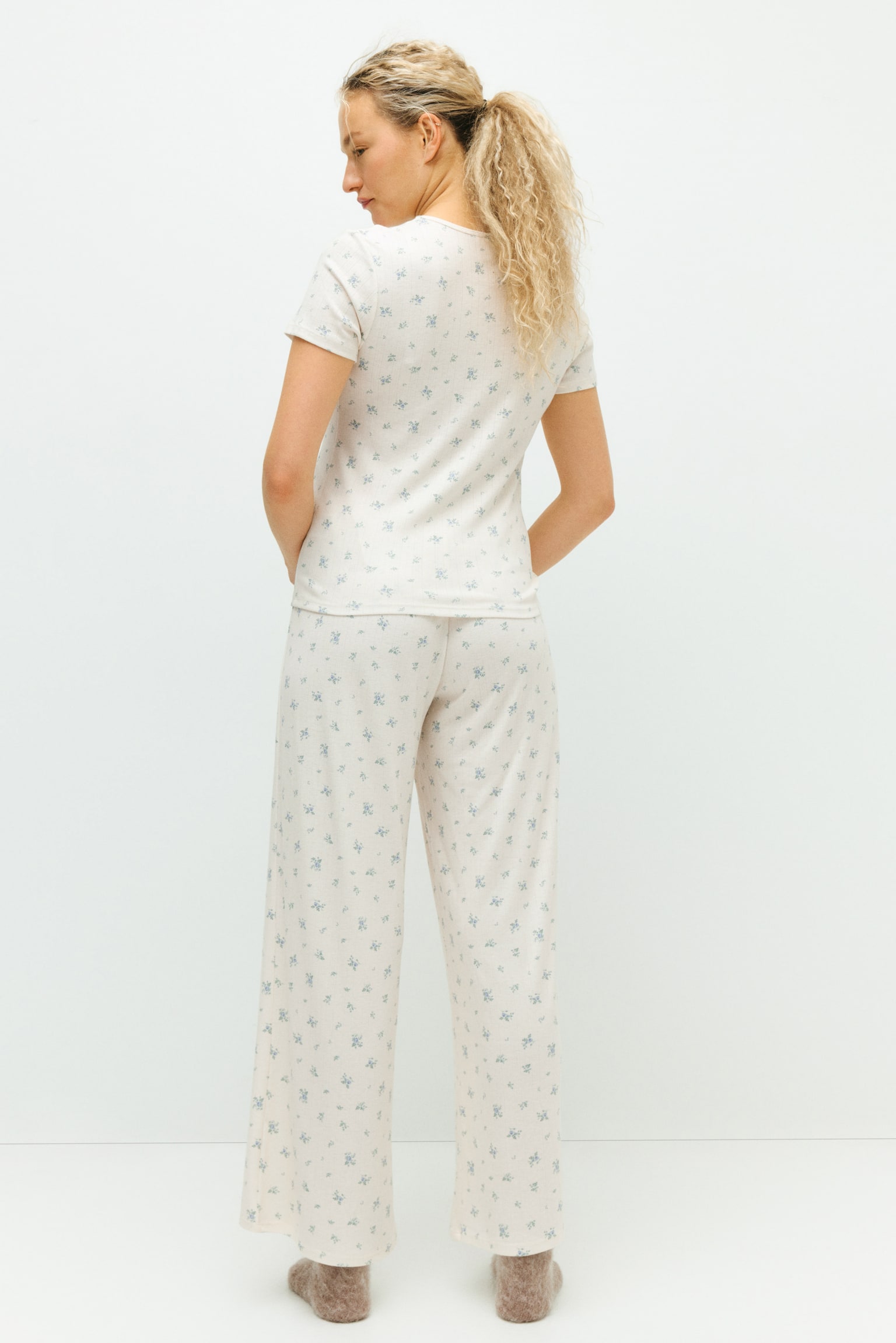 MAMA Pijama en punto pointelle - Blanco/Floreado/Gris jaspeado claro - 6
