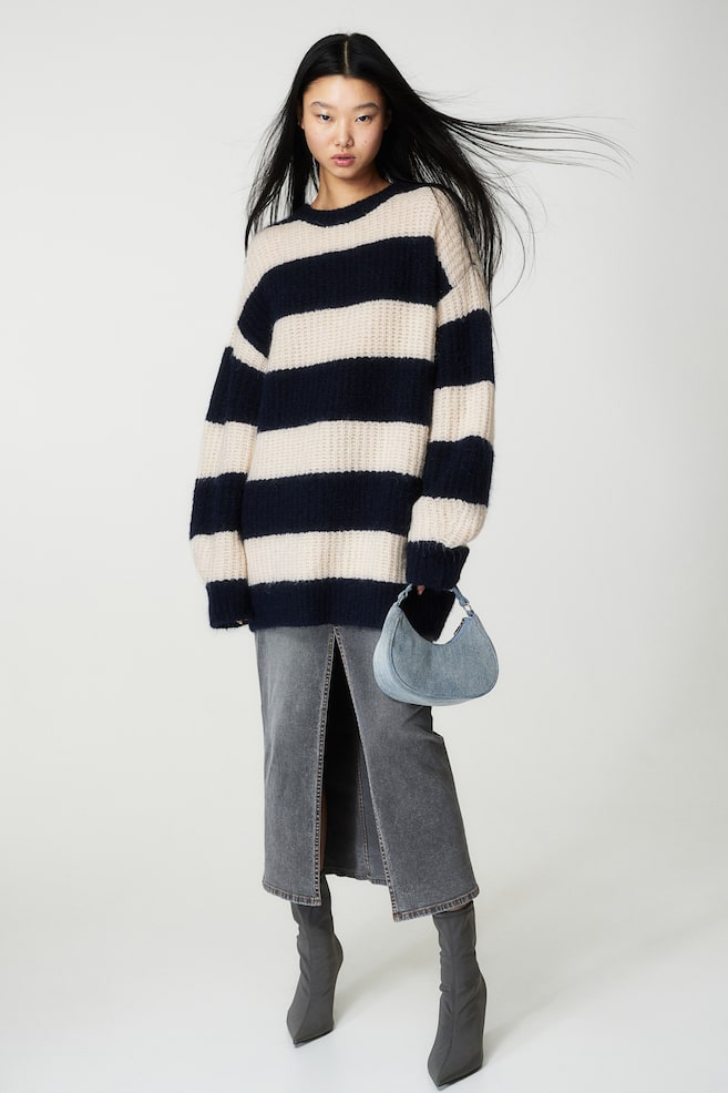 Oversized rib-knit jumper - Black/Striped/Dark grey/Beige striped/Dark red/Striped - 1