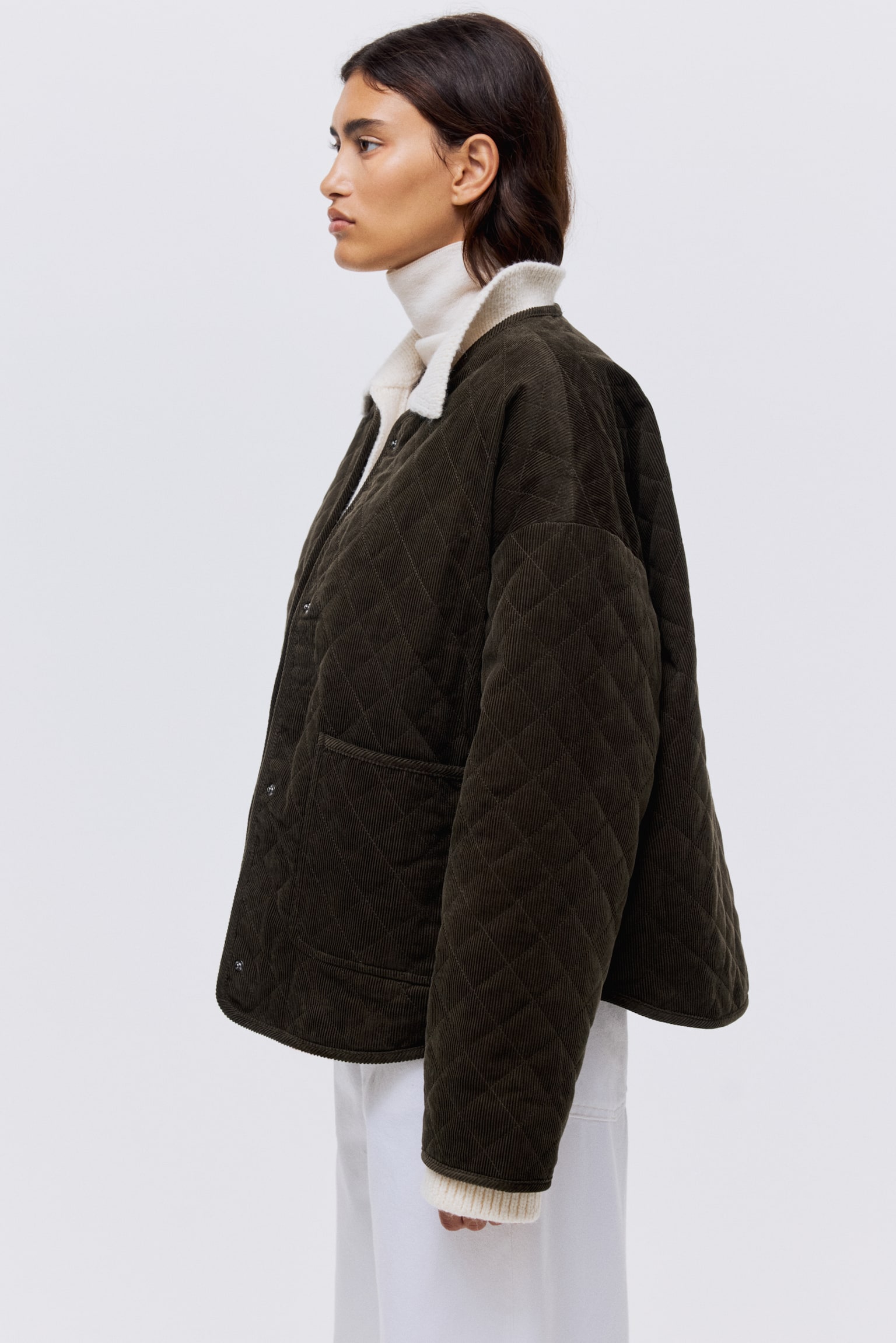 Oversized quilted corduroy jacket - Dark khaki green/Brown - 5