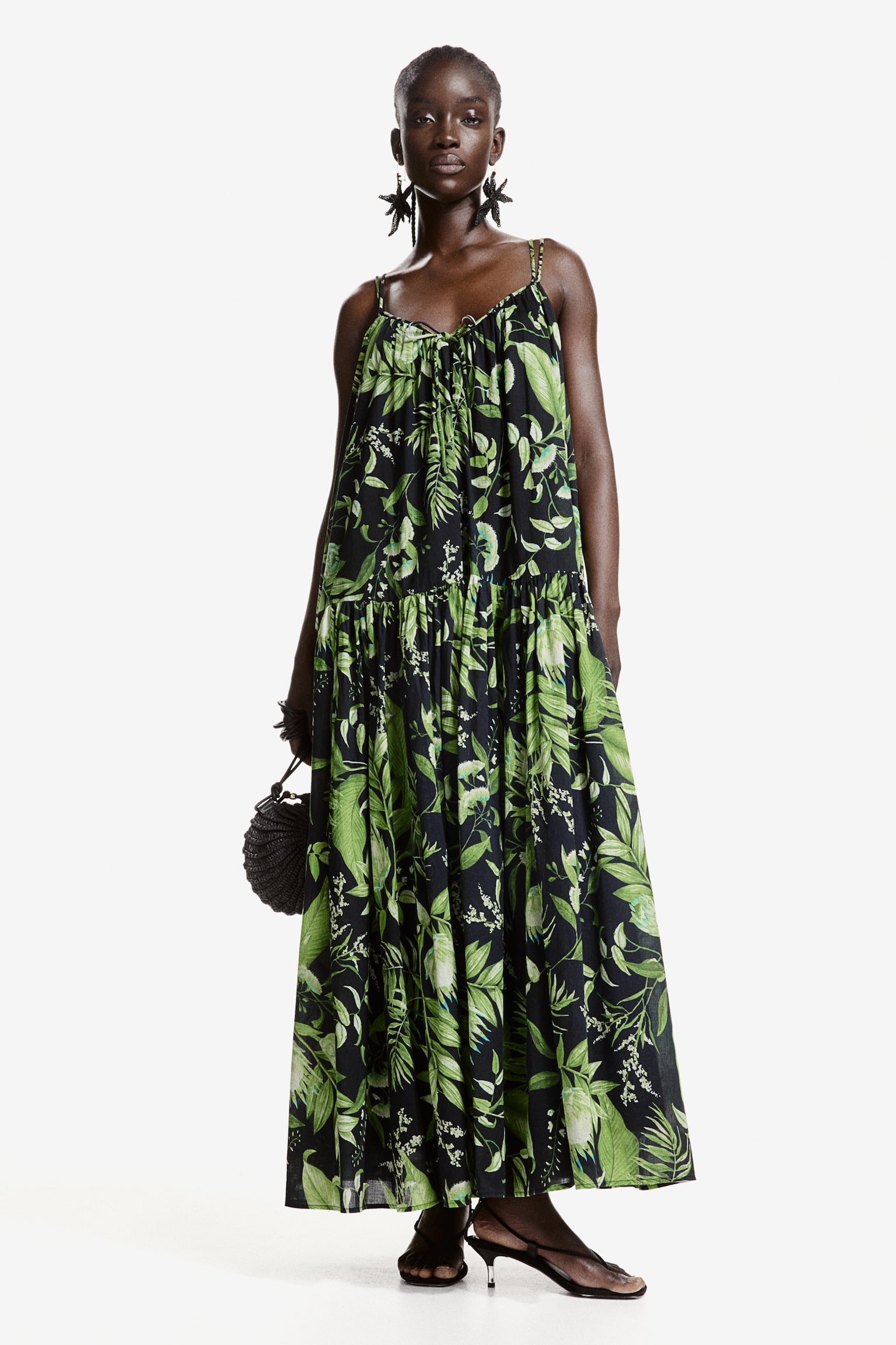 A-line Maxi Dress - Green/Pattern/White - 4