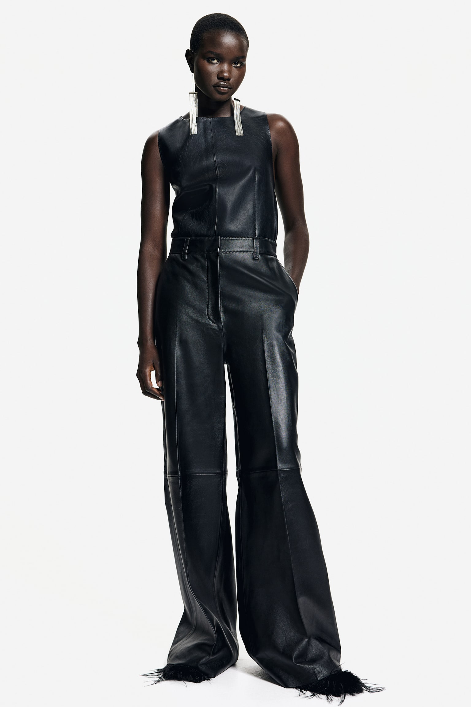 Straight leather trousers - Black/Dark khaki green - 1