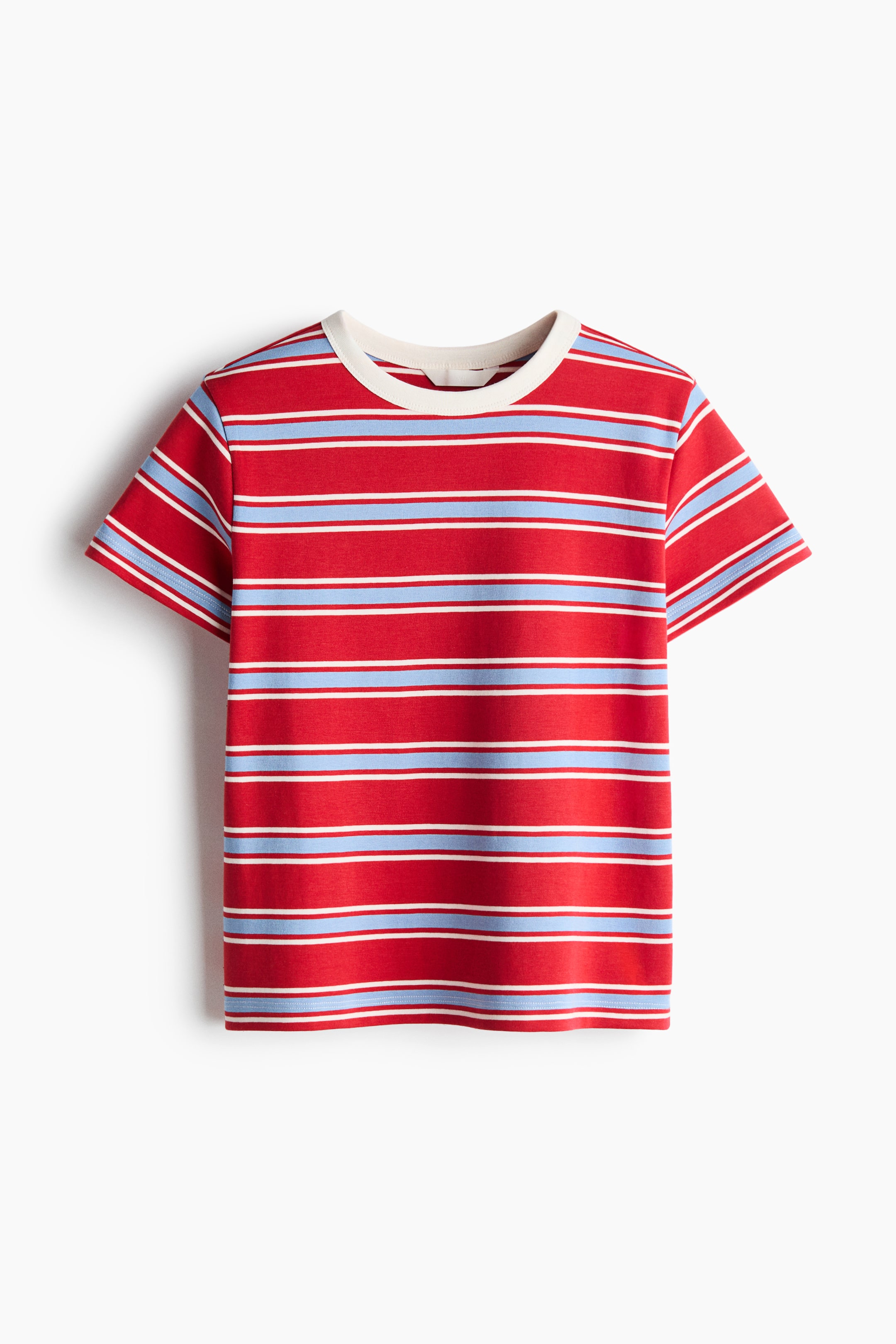 View larger image: A T-shirt made from dense cotton jersey features a round, off-white ribbed neckline in the front view. It showcases horizontal stripes in red, light blue, and white across the body and short sleeves.