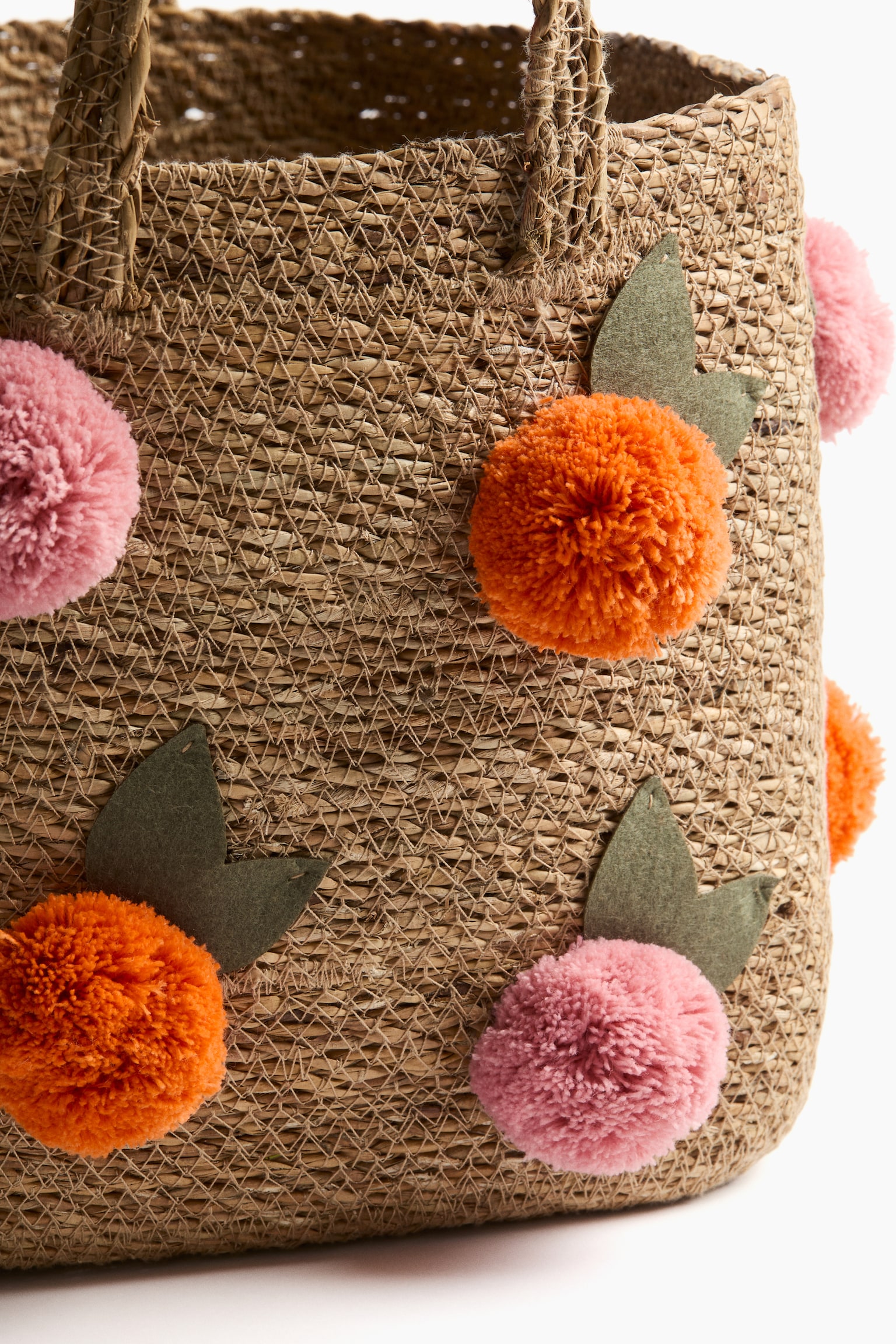 Cesto de junco pequeño con pompón - Beige/Rosa/Anaranjado - 5